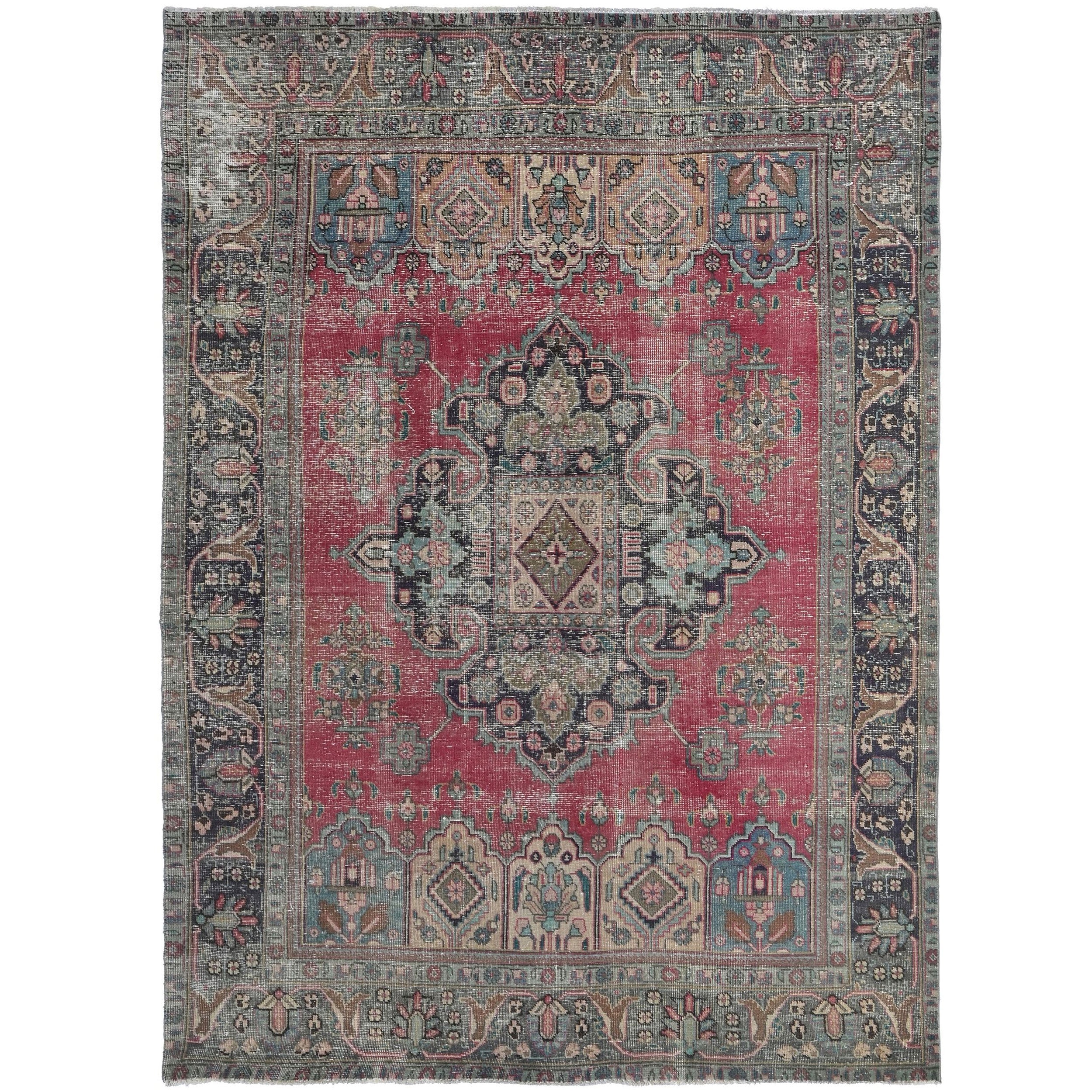 Knotari vintage hand-knotted rug No. 503 with geometric floral medallion design in antique crimson, charcoal, slate blue, warm taupe, aged ivory, size 6'3" x 9'0"