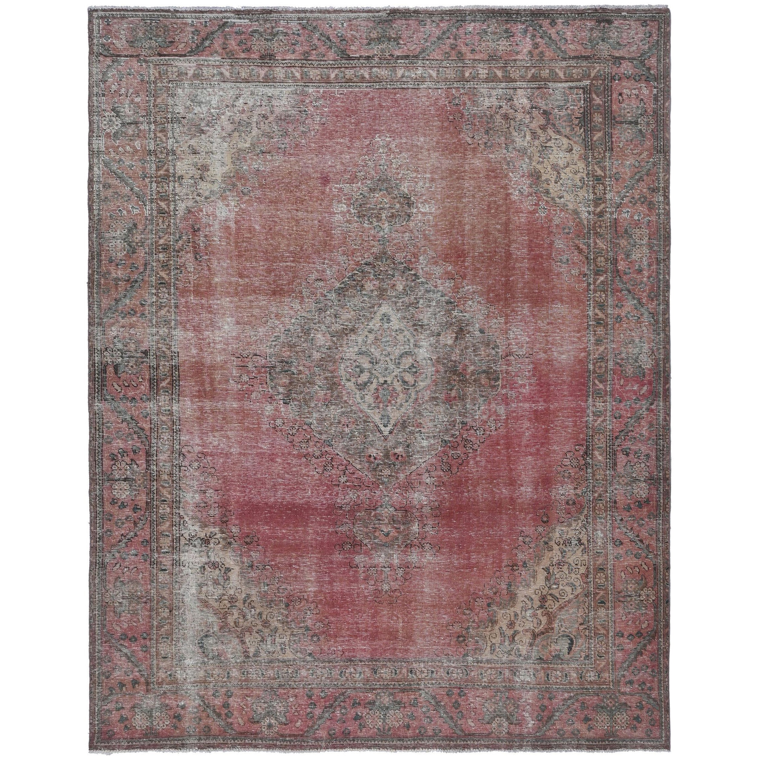 Knotari vintage hand-knotted wool rug No. 504 with faded floral medallion design in warm taupe, dusty rose, slate blue, aged ivory, charcoal, size 7'10" x 10'5".