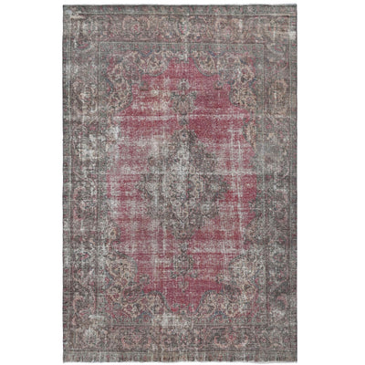 Knotari Heritage Collection vintage hand-knotted wool rug No. 506 with faded central medallion design in weathered crimson, charcoal, taupe, ivory, dusty rose, size 8'0" x 11'2".