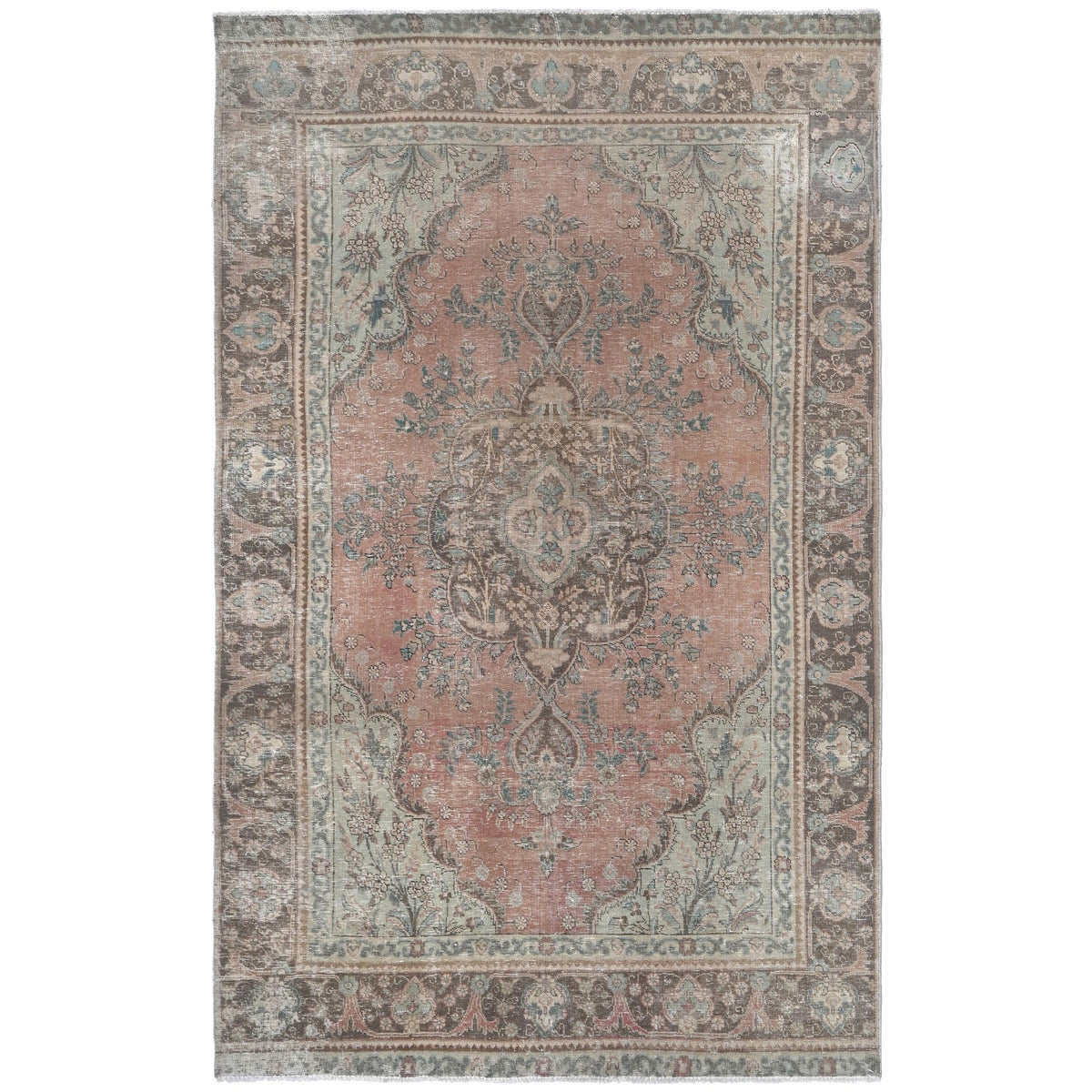 Knotari vintage hand-knotted wool rug No. 507 with floral medallion design in crimson, navy, ivory, dusty blue, sage, size 5'10" x 9'9".