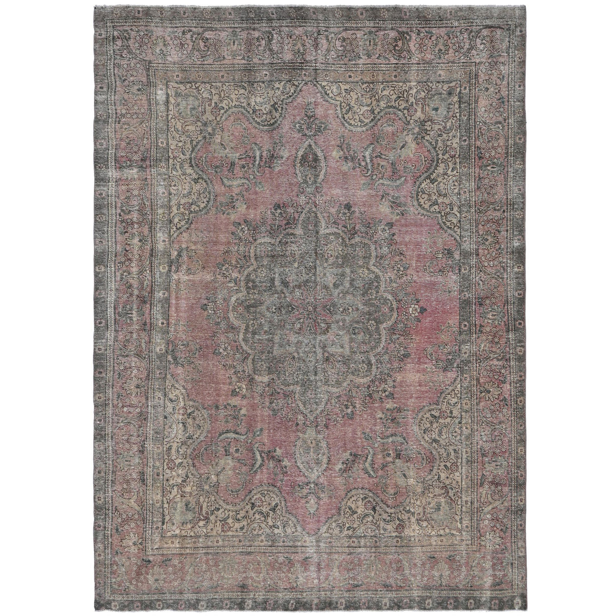 Knotari vintage hand-knotted wool rug No. 508 with oversized floral medallion design in terracotta, slate blue, ivory, rosewood, sage, size 9'6" x 12'10".