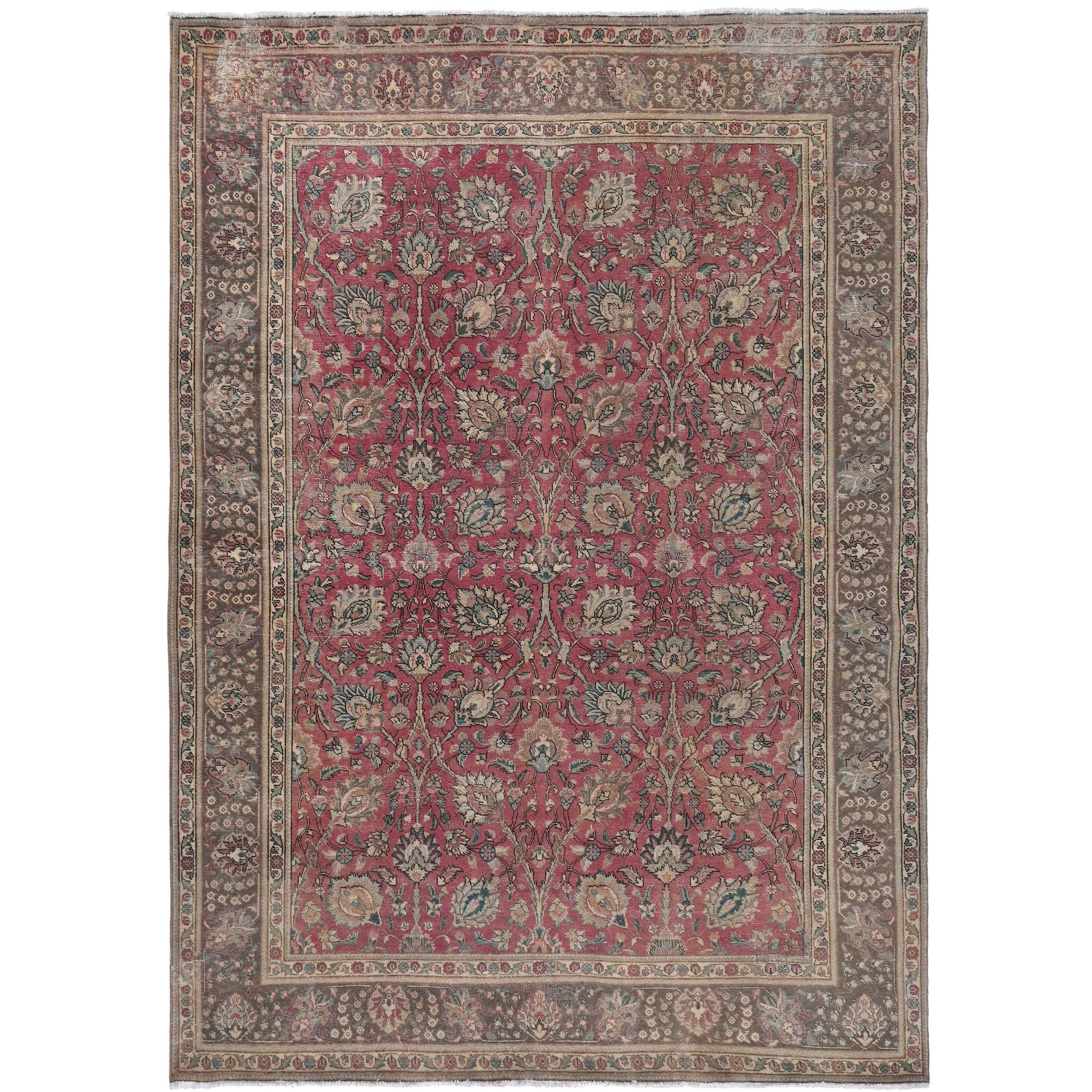 Knotari Heritage Collection vintage hand-knotted wool rug No. 50 with all-over floral design in rose red, taupe, aged ivory, slate blue, muted sage, size 8'0" x 11'0".