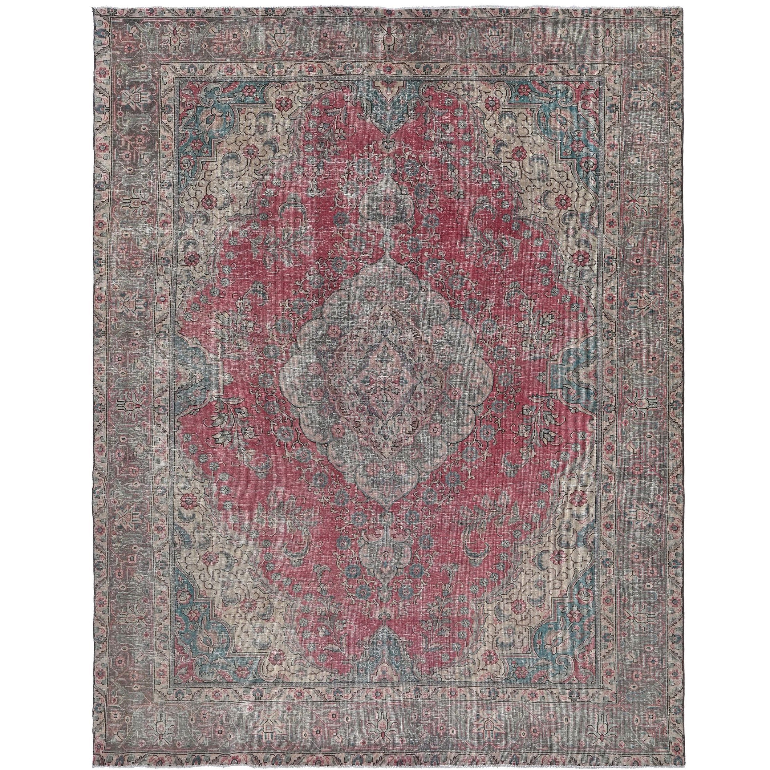 Knotari Heritage Collection vintage hand-knotted wool rug No. 54 with floral medallion design in crimson rose, muted teal, charcoal, ivory, taupe, size 9'7" x 12'6".