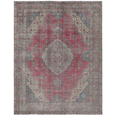 Knotari Heritage Collection vintage hand-knotted wool rug No. 54 with floral medallion design in crimson rose, muted teal, charcoal, ivory, taupe, size 9'7" x 12'6".
