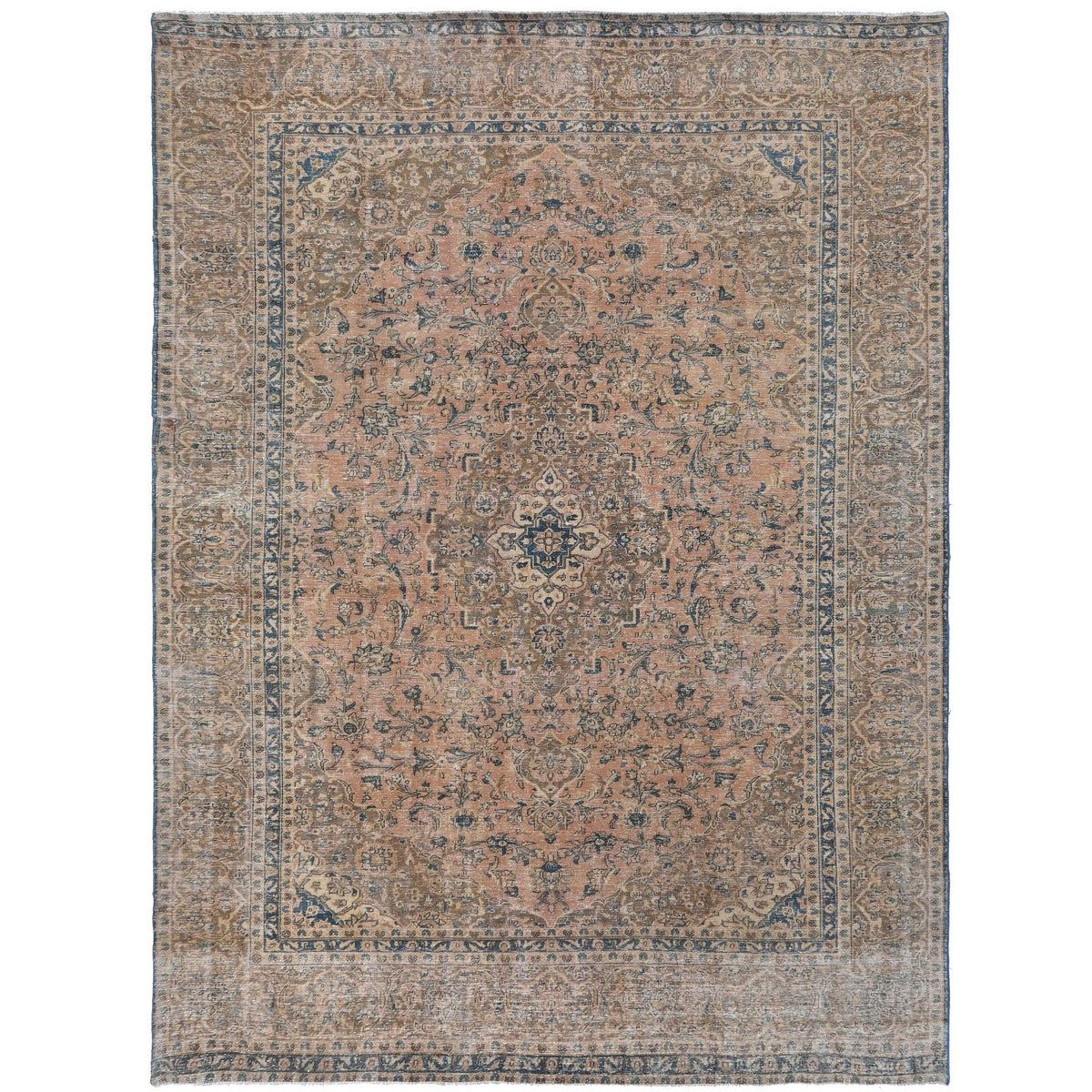 Knotari vintage hand-knotted rug No. 58 with faded floral medallion design in antique blush, warm taupe, slate blue, aged ivory, soft charcoal, size 9'0" x 12'5".