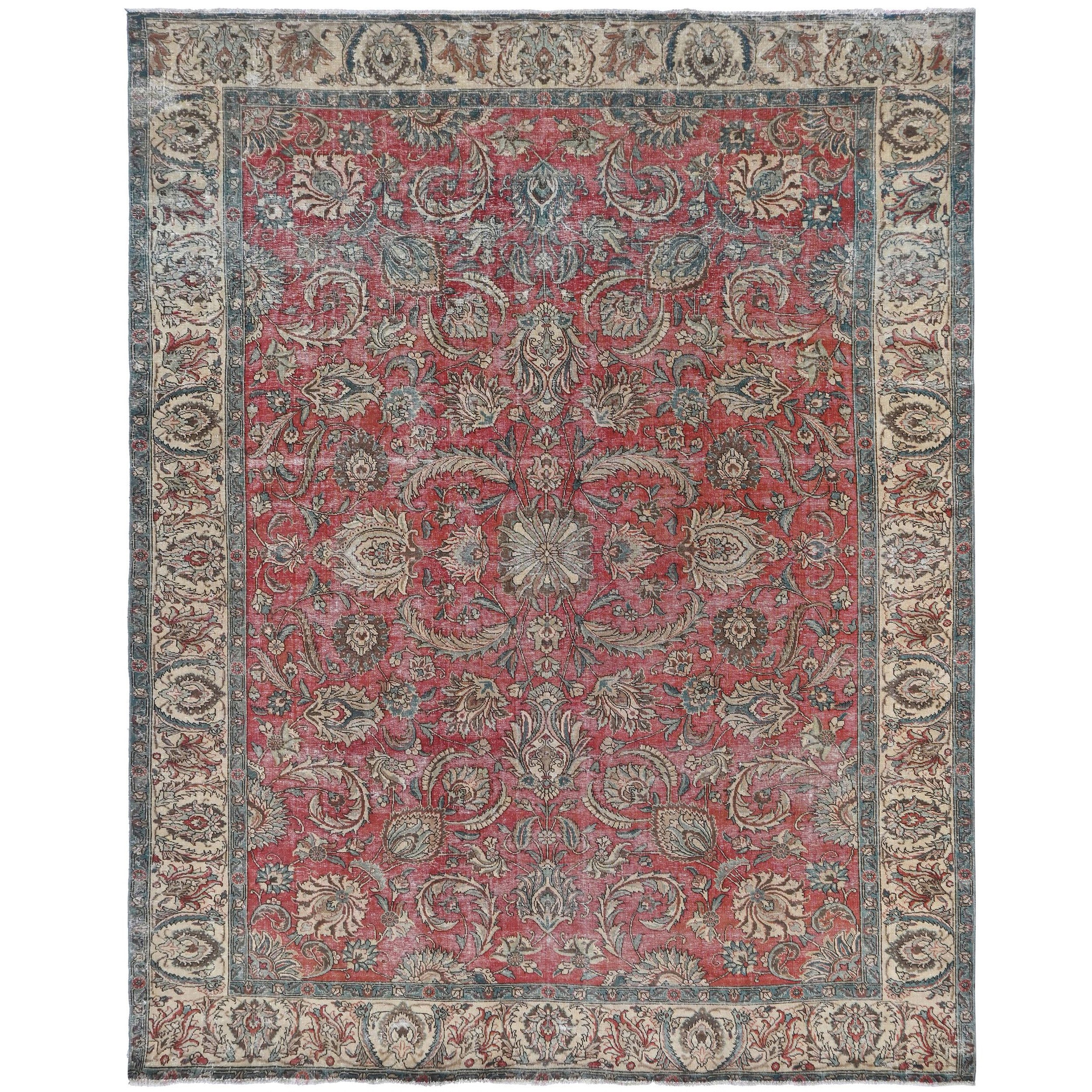 Knotari vintage hand-knotted rug No. 5 with all-over botanical floral design in antique crimson, aged ivory, slate blue, taupe, charcoal, size 9'4" x 12'2".