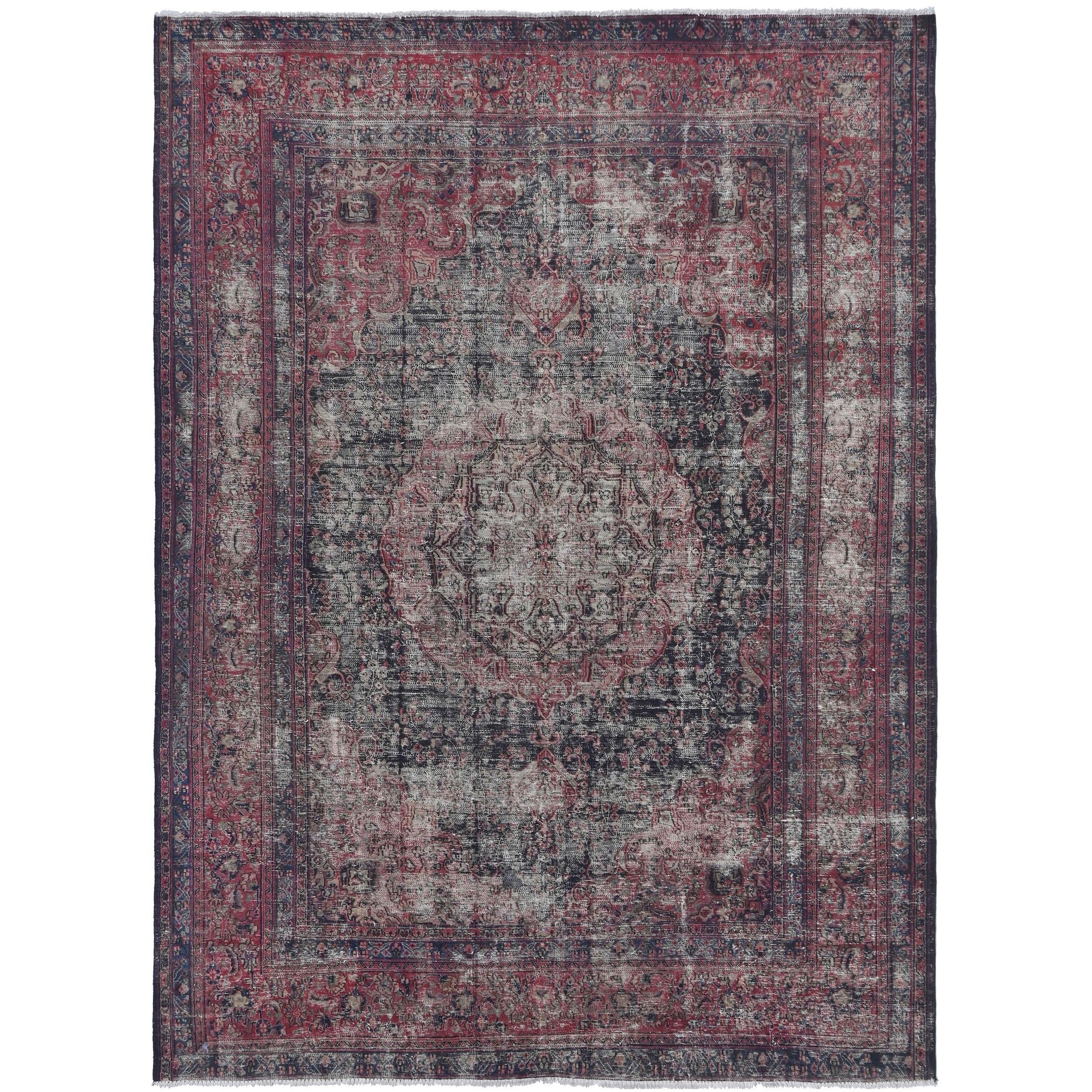Knotari vintage hand-knotted rug No. 60 with classic central medallion design in crimson rose, slate blue, aged ivory, charcoal, taupe, size 7'10" x 10'3".