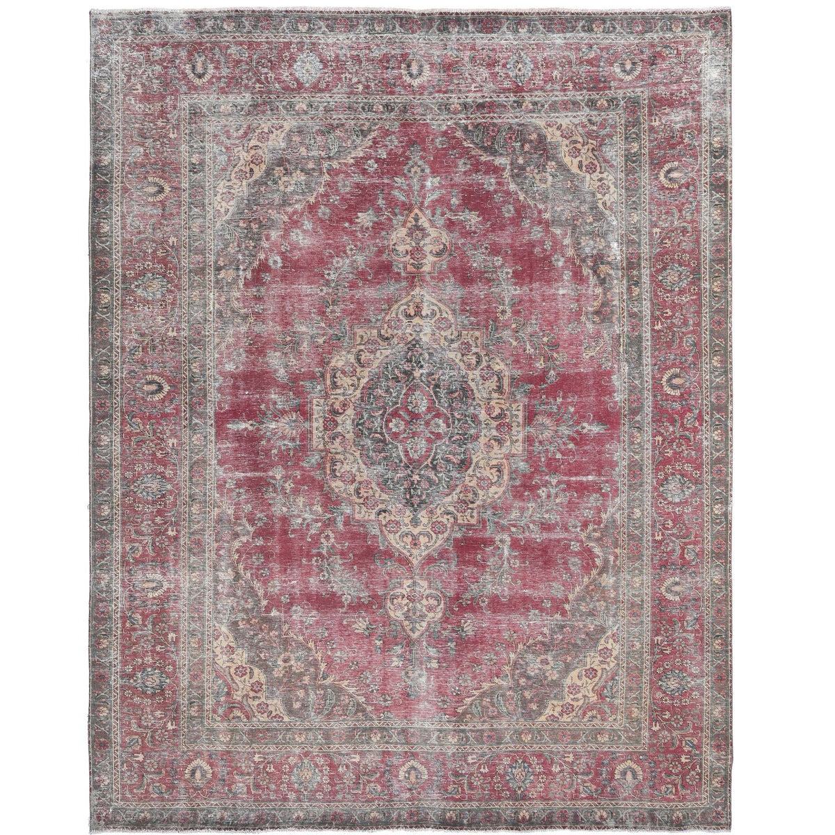 Knotari vintage hand-knotted rug No. 61 with ornate floral medallion design in antique crimson, navy, aged ivory, dusty blue, rosewood, size 9'7" x 12'5".