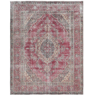 Knotari vintage hand-knotted rug No. 61 with ornate floral medallion design in antique crimson, navy, aged ivory, dusty blue, rosewood, size 9'7" x 12'5".