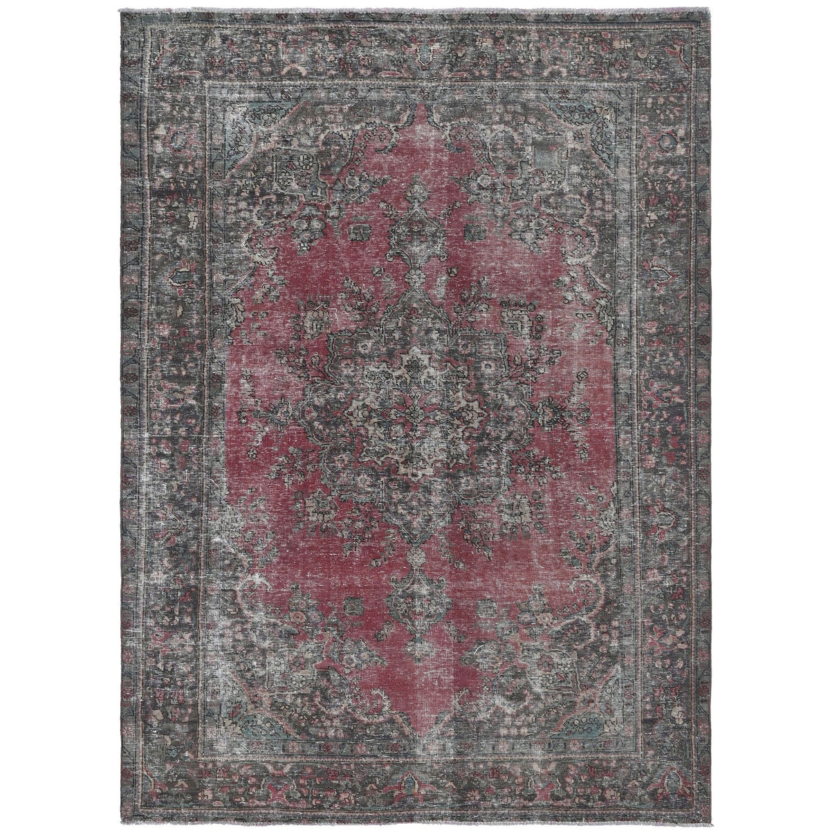 Knotari Heritage Collection vintage hand-knotted wool rug No. 63 with persian medallion design in raspberry red, charcoal, taupe, aged ivory, muted blue, size 6'2" x 9'5".