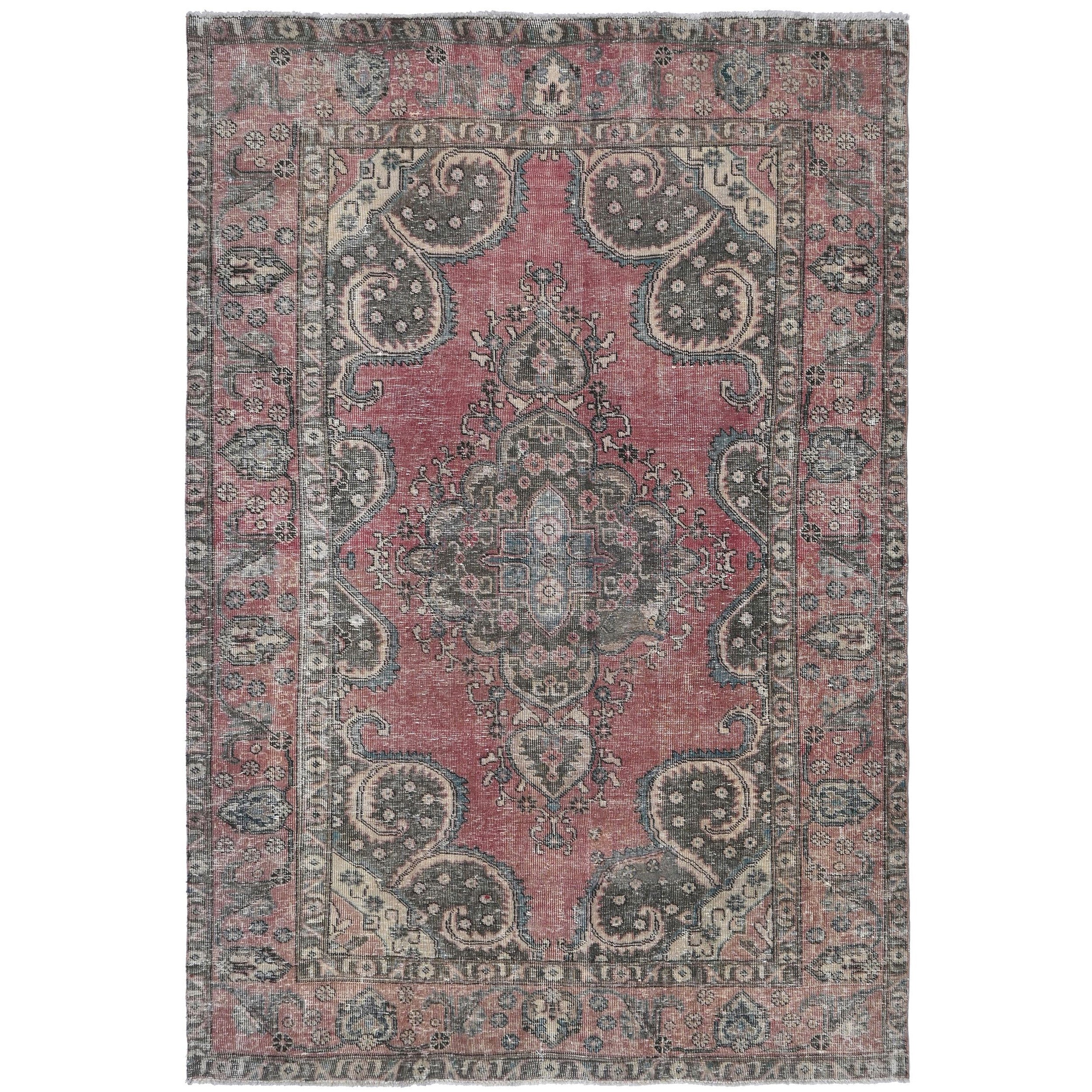 Knotari vintage hand-knotted rug No. 66 with botanical paisley medallion design in dusty rose, charcoal, taupe, aged ivory, muted sage, size 6'2" x 9'1".