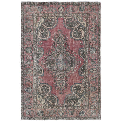 Knotari vintage hand-knotted rug No. 66 with botanical paisley medallion design in dusty rose, charcoal, taupe, aged ivory, muted sage, size 6'2" x 9'1".