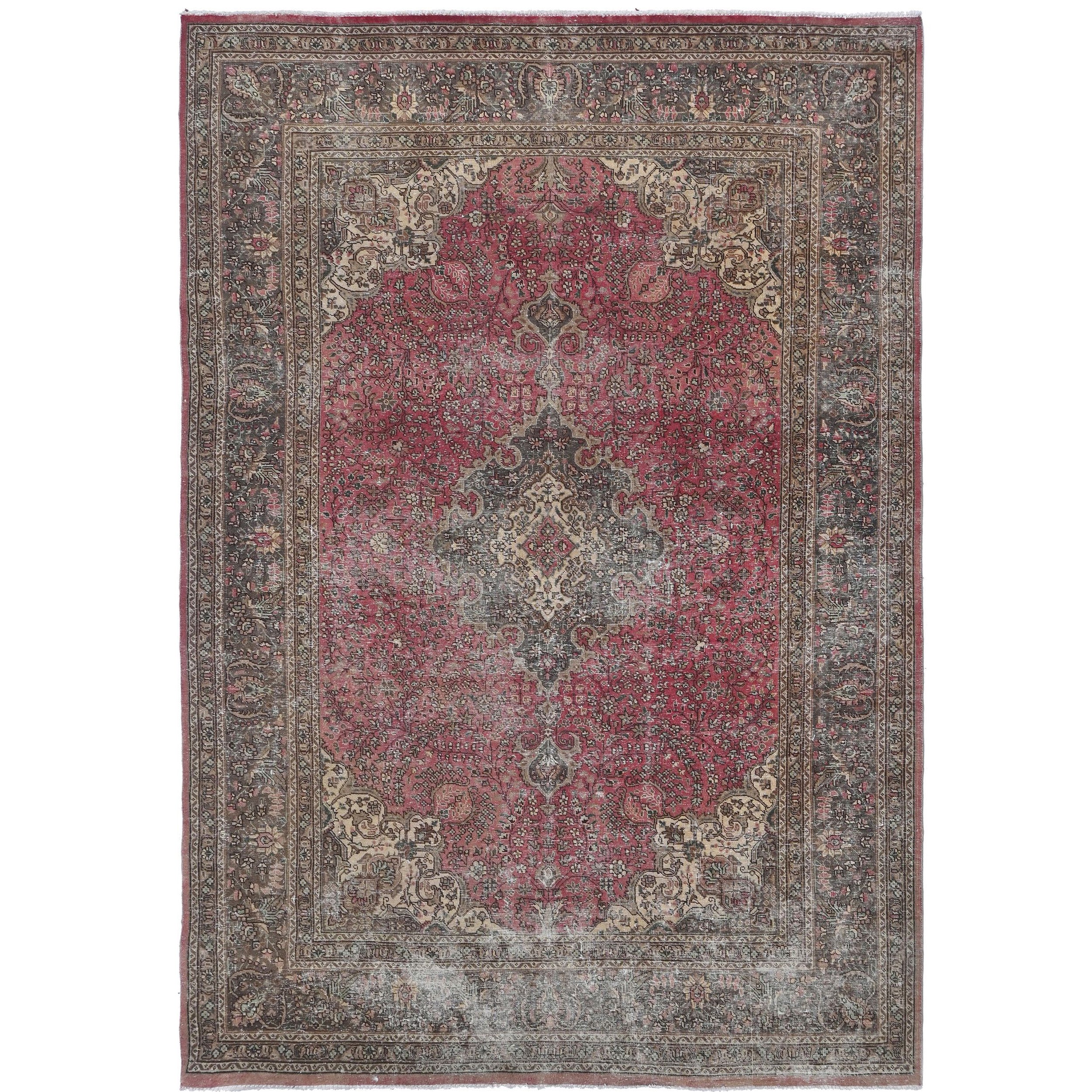 Knotari Heritage Collection vintage hand-knotted wool rug No. 69 with central medallion design in raspberry red, charcoal, ivory, taupe, muted rose, size 6'7" x 9'6".