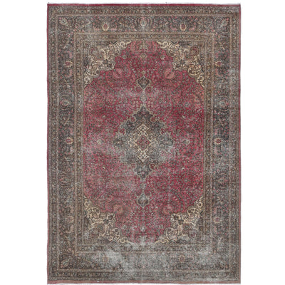 Knotari Heritage Collection vintage hand-knotted wool rug No. 69 with central medallion design in raspberry red, charcoal, ivory, taupe, muted rose, size 6'7" x 9'6".