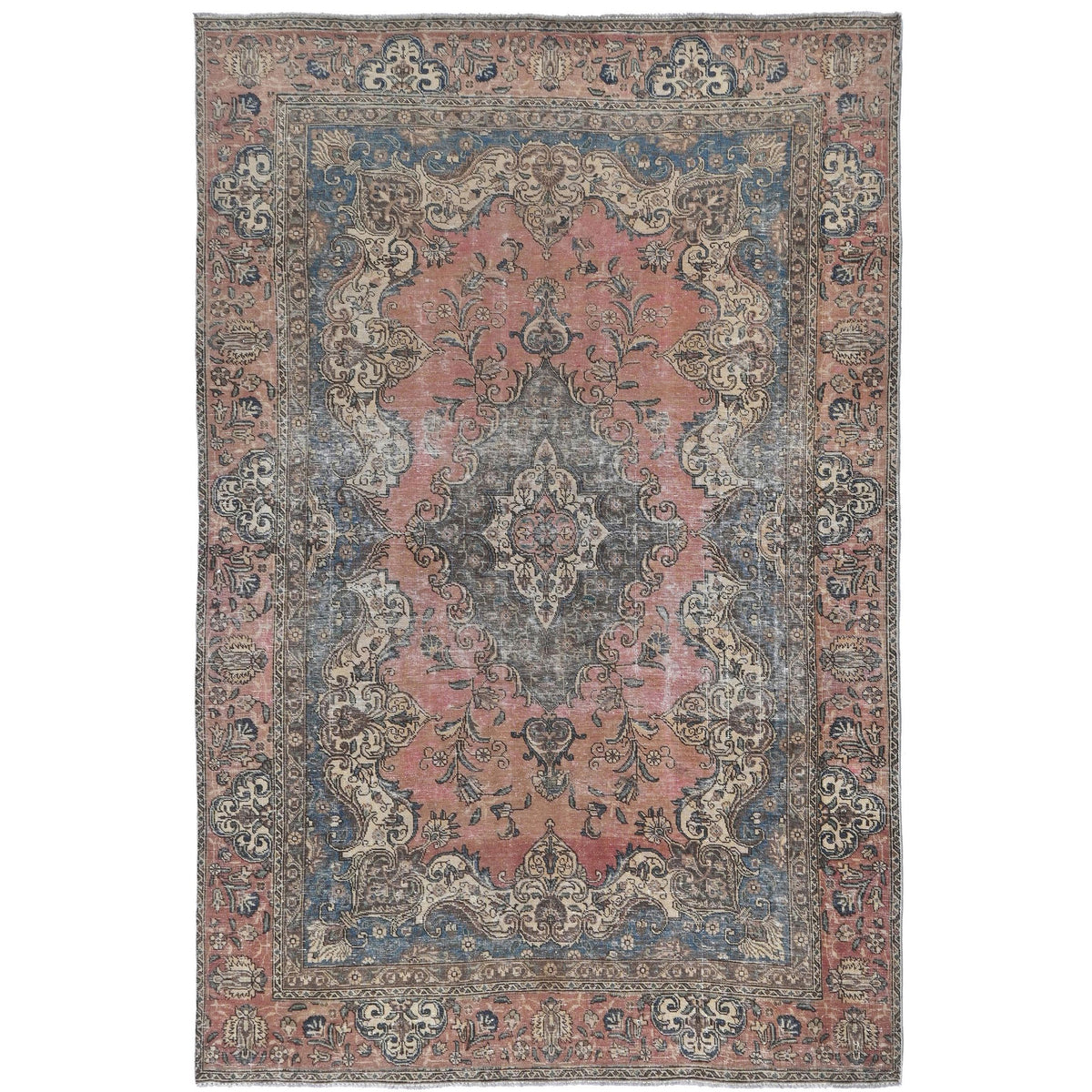 Knotari vintage hand-knotted rug No. 71 with rose medallion design in dusty rose, slate blue, aged ivory, taupe, charcoal, size 6'2" x 9'8".