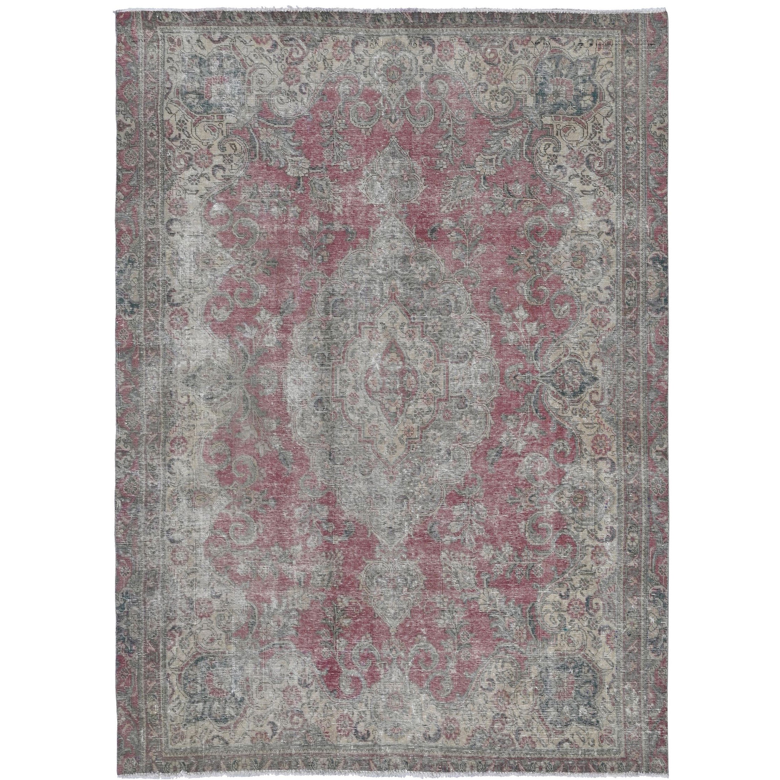 Knotari Heritage Collection vintage hand-knotted wool rug No. 72 with elongated medallion design in faded rose, soft gray, aged ivory, taupe, charcoal, size 6'10" x 8'7".