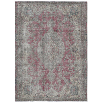 Knotari Heritage Collection vintage hand-knotted wool rug No. 72 with elongated medallion design in faded rose, soft gray, aged ivory, taupe, charcoal, size 6'10" x 8'7".