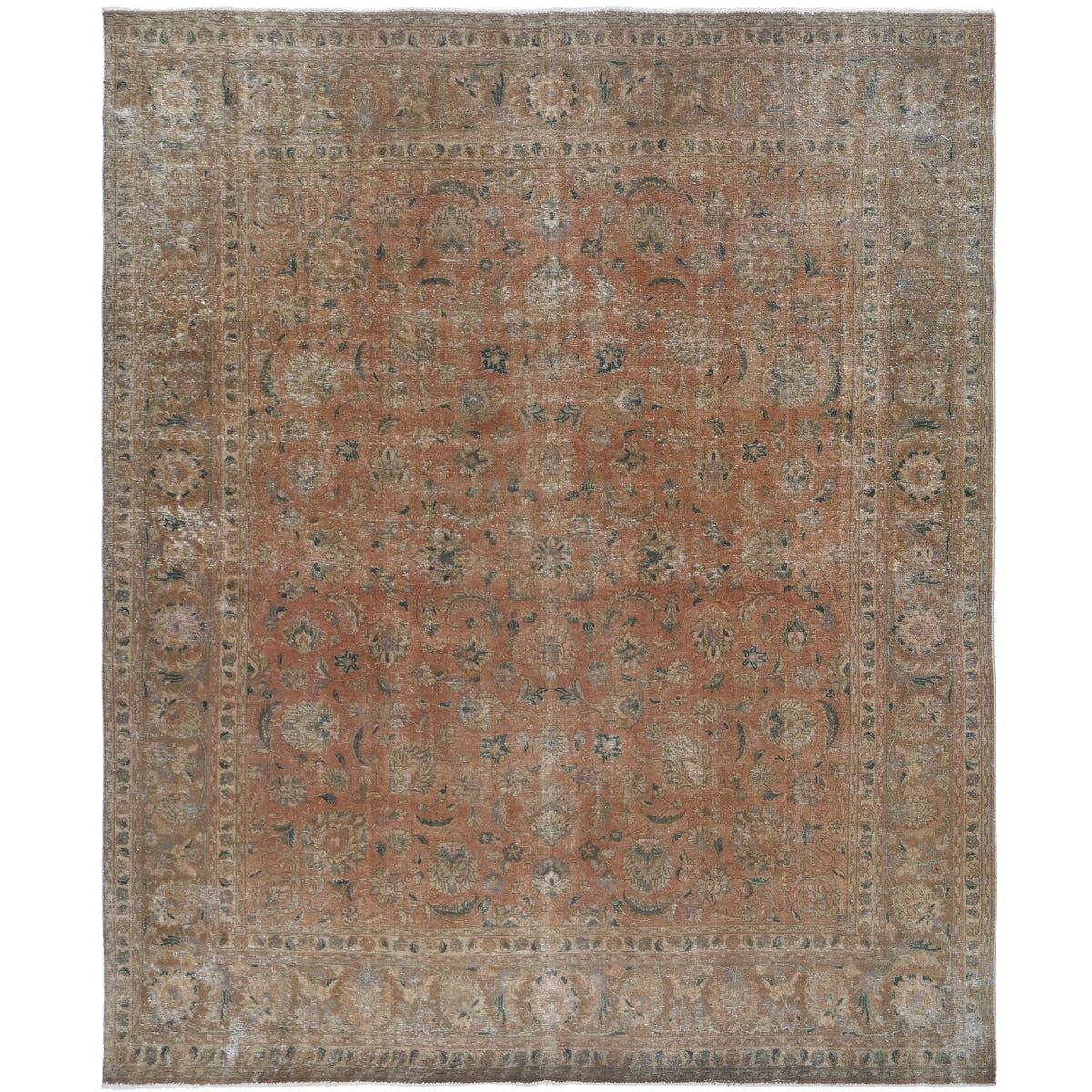 Knotari Heritage Collection vintage hand-knotted wool rug No. 78 with ornate floral medallion design in burnished clay, deep teal, ivory, camel, brown, size 9'5" x 10'11".