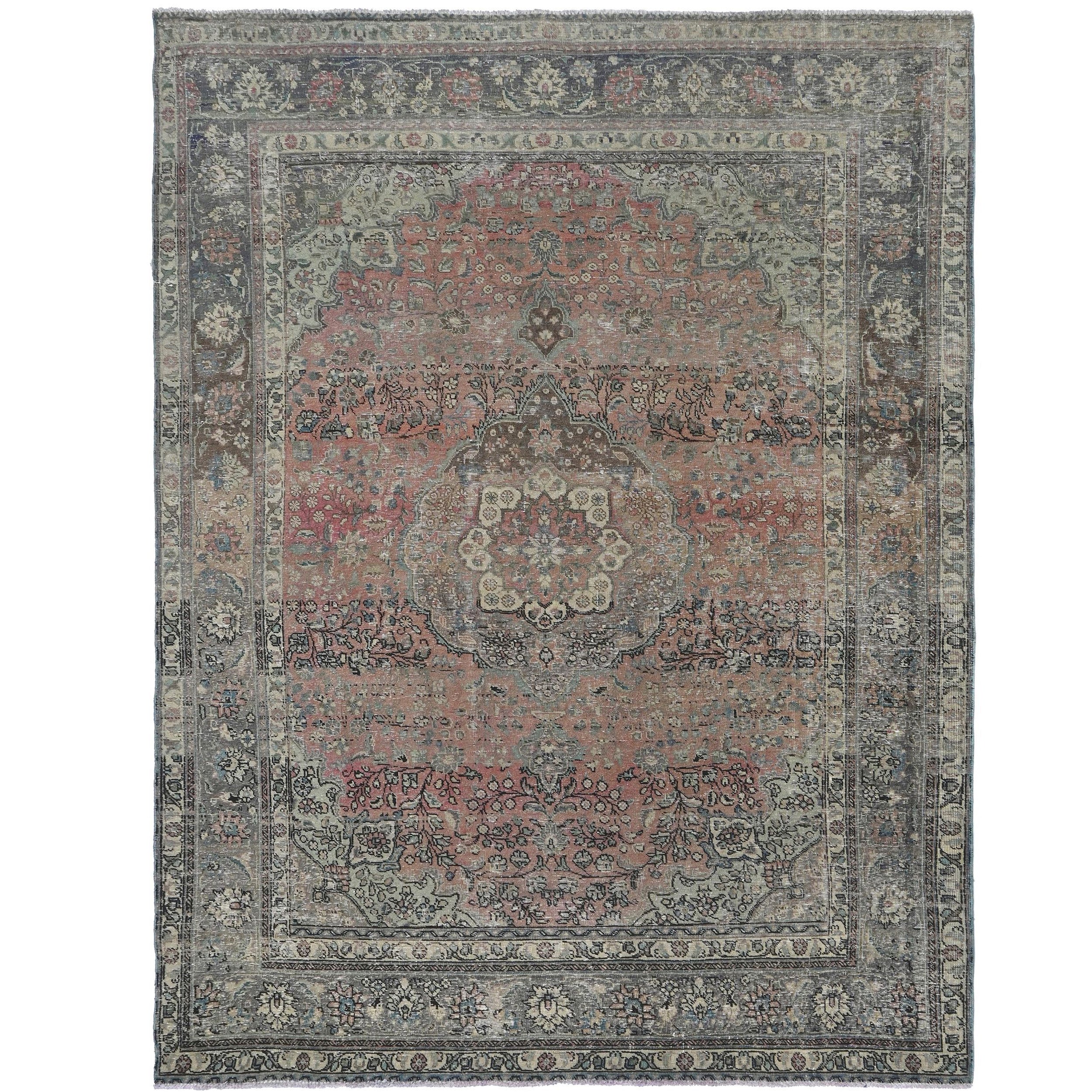 Knotari vintage hand-knotted rug No. 7 with floral medallion design in dusty coral, slate gray, taupe, aged ivory, muted blue, size 8'0" x 11'0".