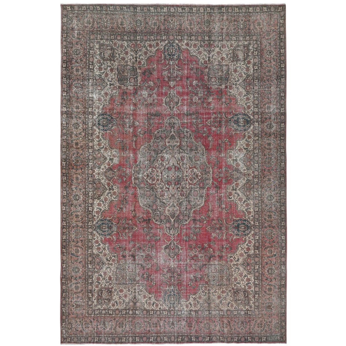 Knotari vintage hand-knotted rug No. 80 with grand floral medallion design in antique crimson, navy, aged ivory, dusty blue, warm taupe, size 11'1" x 15'8".