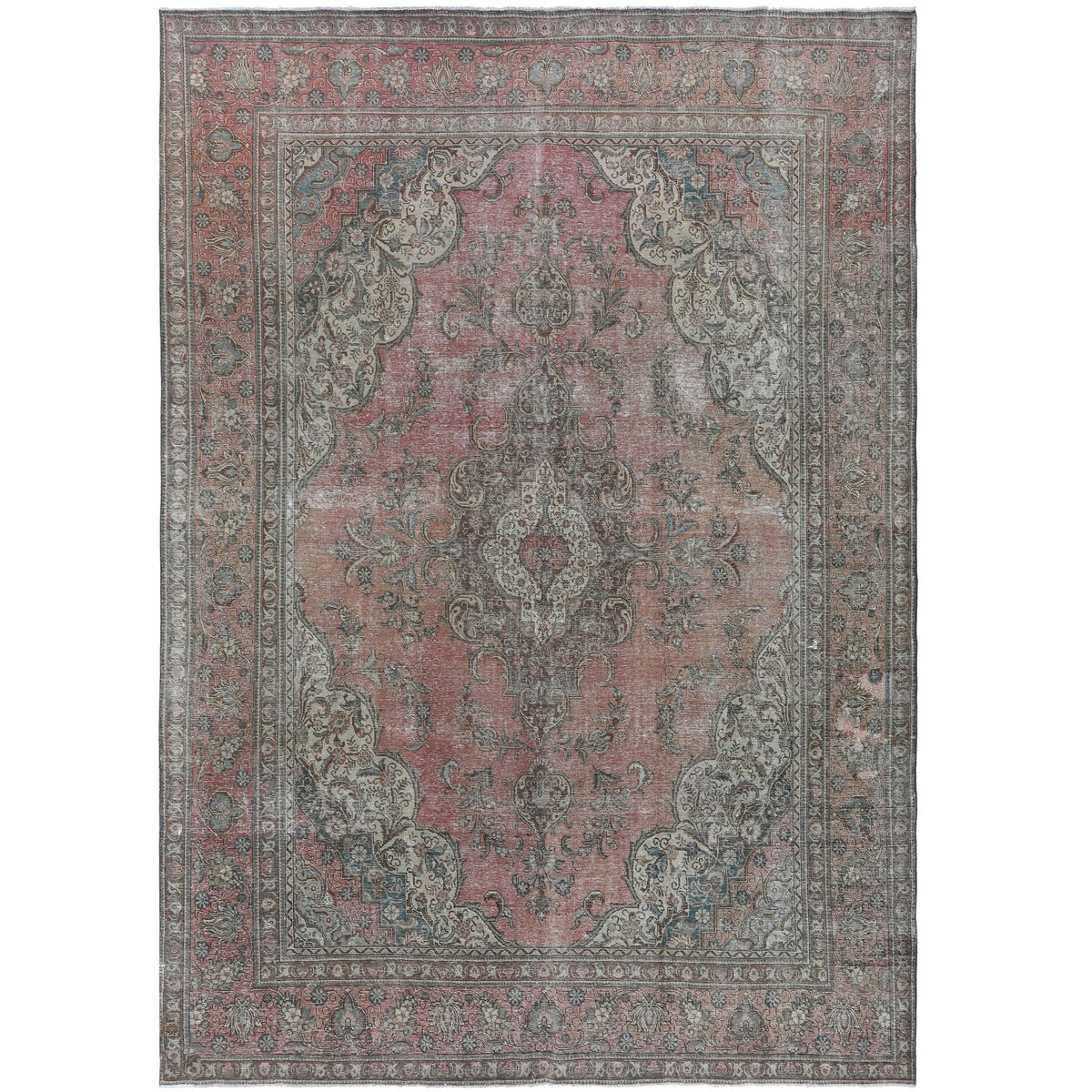 Knotari vintage hand-knotted rug No. 81 with grand floral medallion design in antique rose, slate gray, aged ivory, taupe, muted blue, size 10'10" x 14'4".