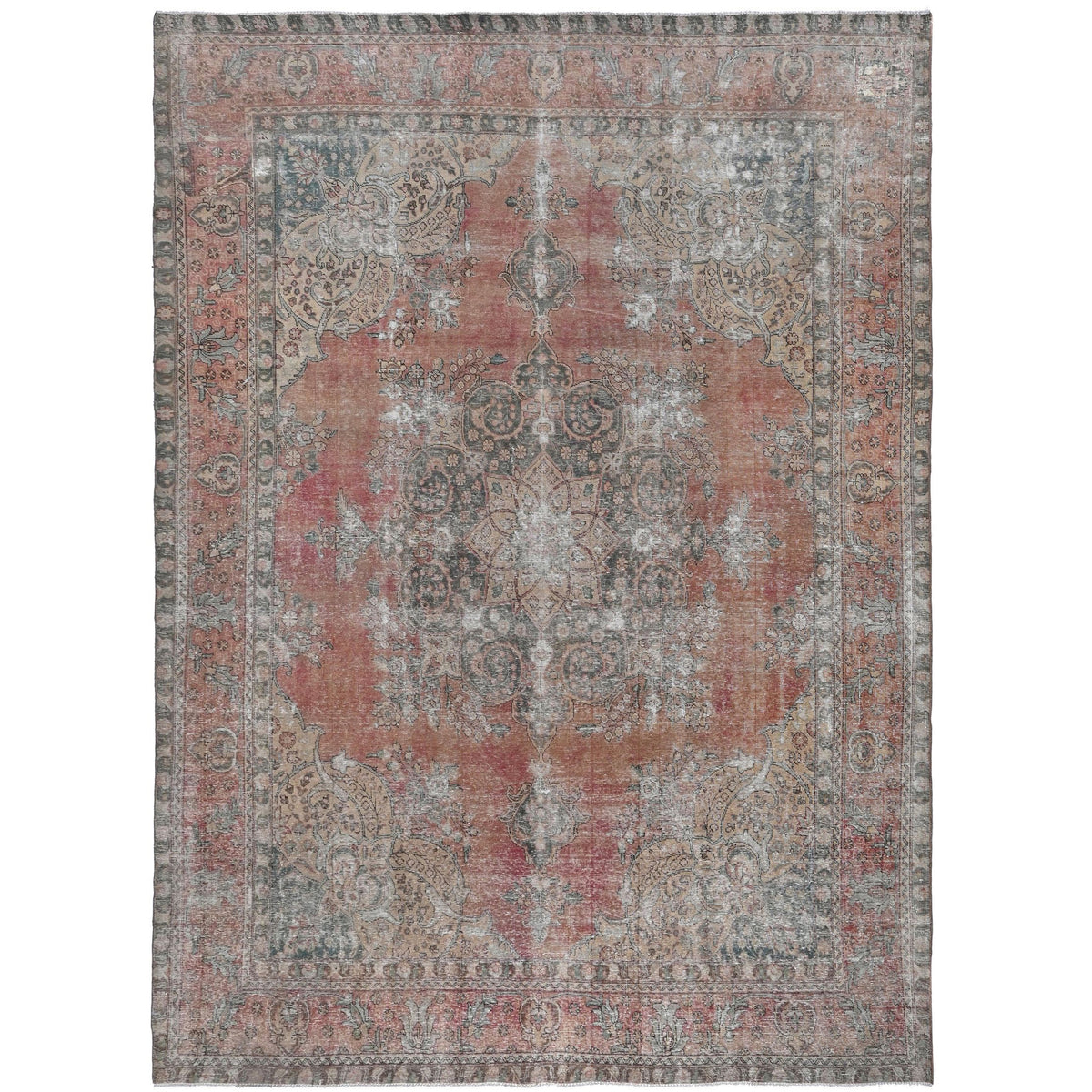 Knotari Heritage Collection vintage hand-knotted wool rug No. 83 with persian medallion design in terracotta, dusty rose, taupe, charcoal, aged ivory, size 9'9" x 12'9".