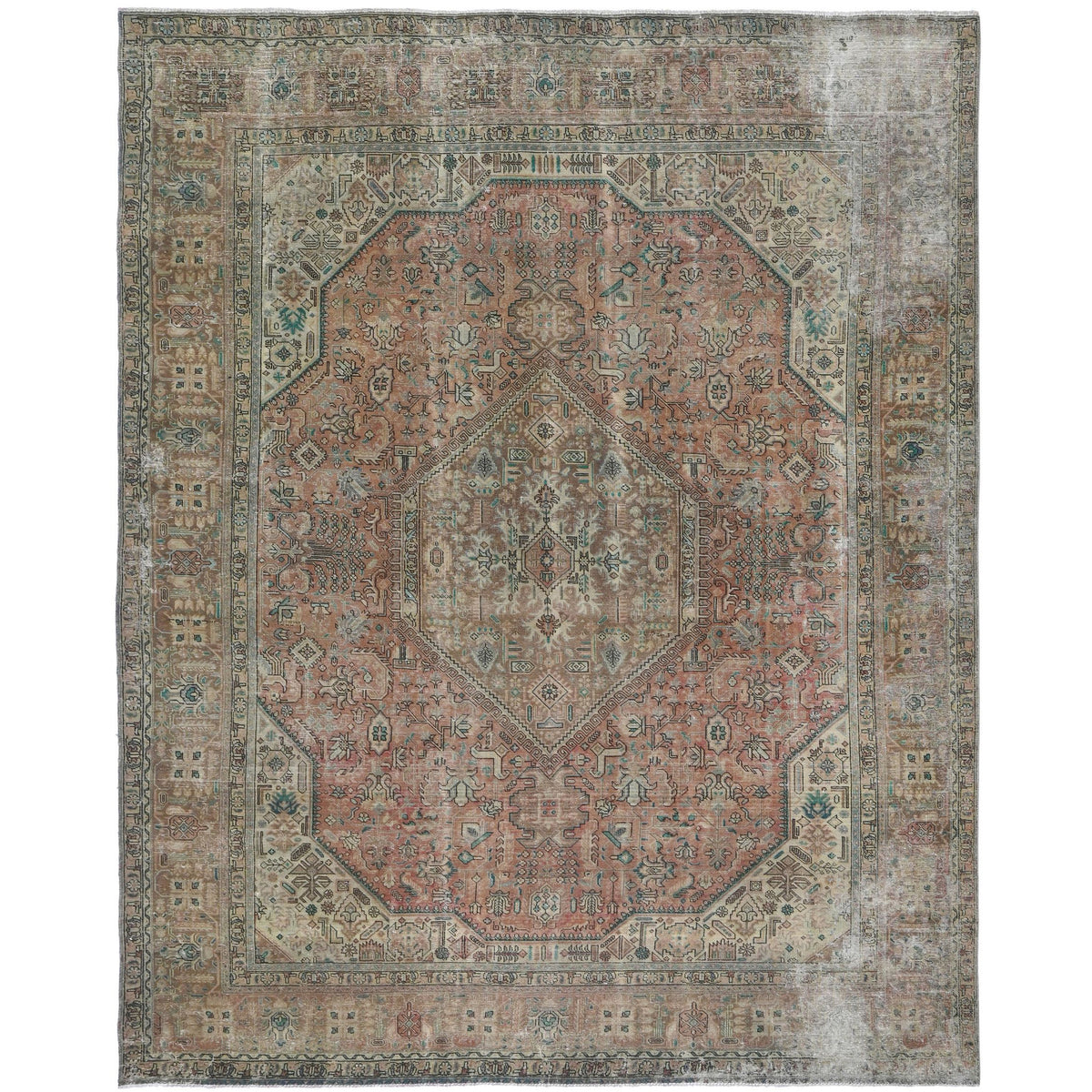 Knotari vintage hand-knotted rug No. 86 with geometric hexagonal medallion design in terracotta, sand, taupe, muted teal, aged ivory, size 9'8" x 12'3".