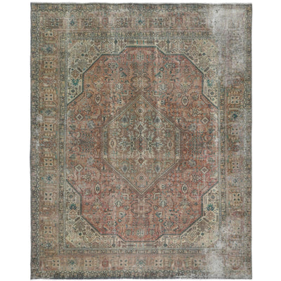 Knotari vintage hand-knotted rug No. 86 with geometric hexagonal medallion design in terracotta, sand, taupe, muted teal, aged ivory, size 9'8" x 12'3".