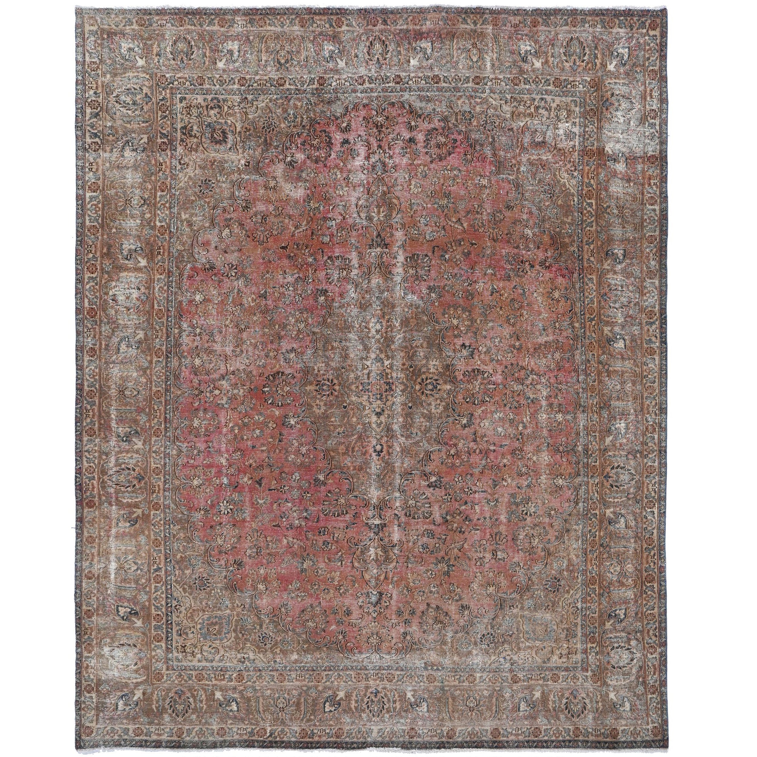 Knotari vintage hand-knotted rug No. 8 with large floral medallion design in terracotta rose, navy, sand, olive, aged ivory, size 9'6" x 12'2".