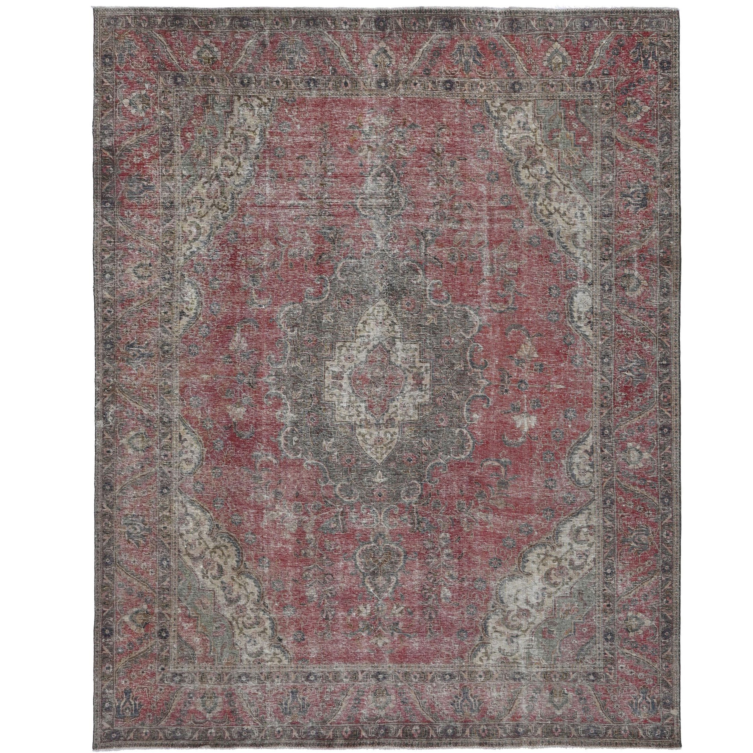 Knotari vintage hand-knotted rug No. 95 with layered floral medallion design in antique rose, slate gray, taupe, aged ivory, muted blue, size 9'0" x 12'0".