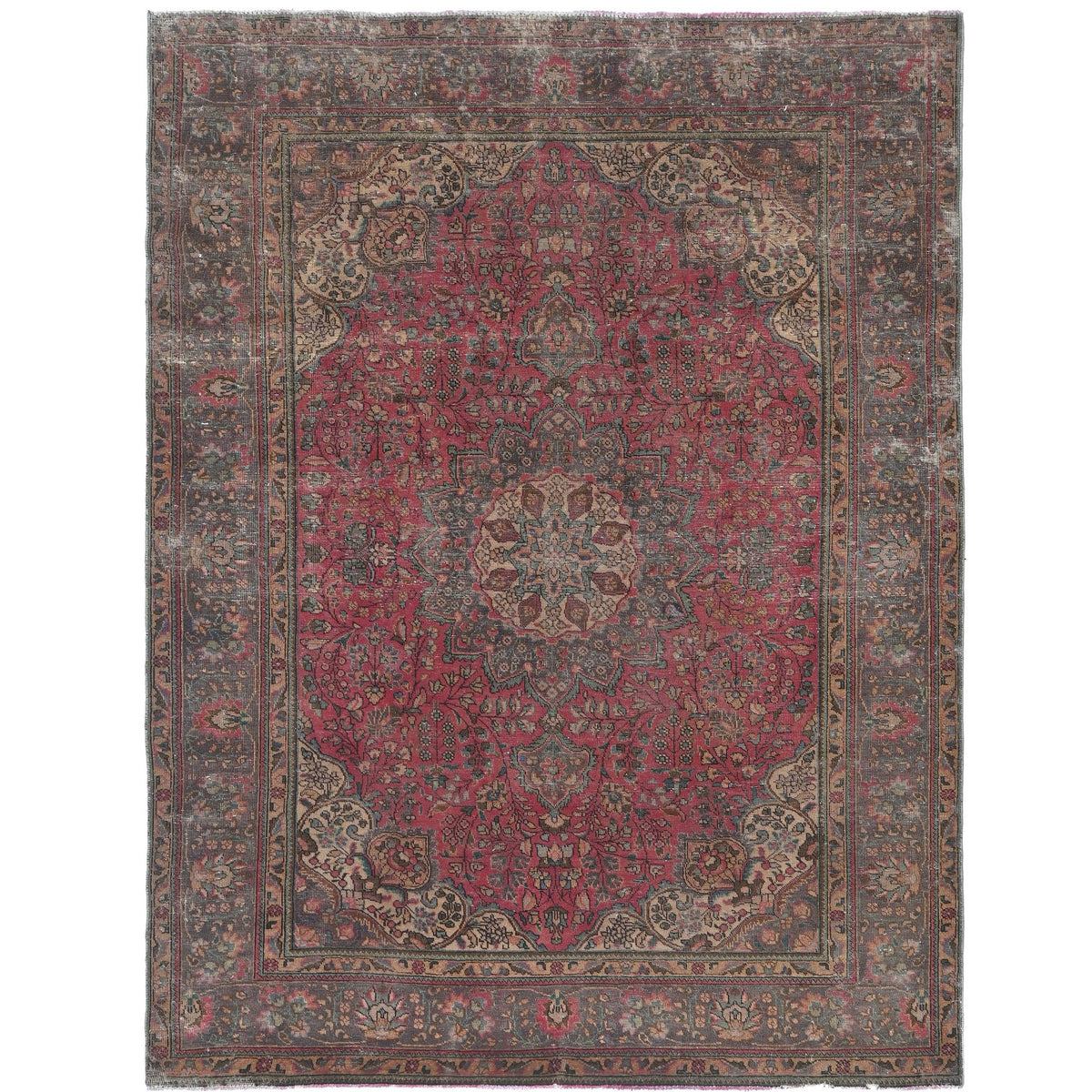 Knotari vintage hand-knotted wool rug No. 96 with floral medallion design in antique crimson, navy, ivory, sage, dusty blue, size 6'9" x 9'0".