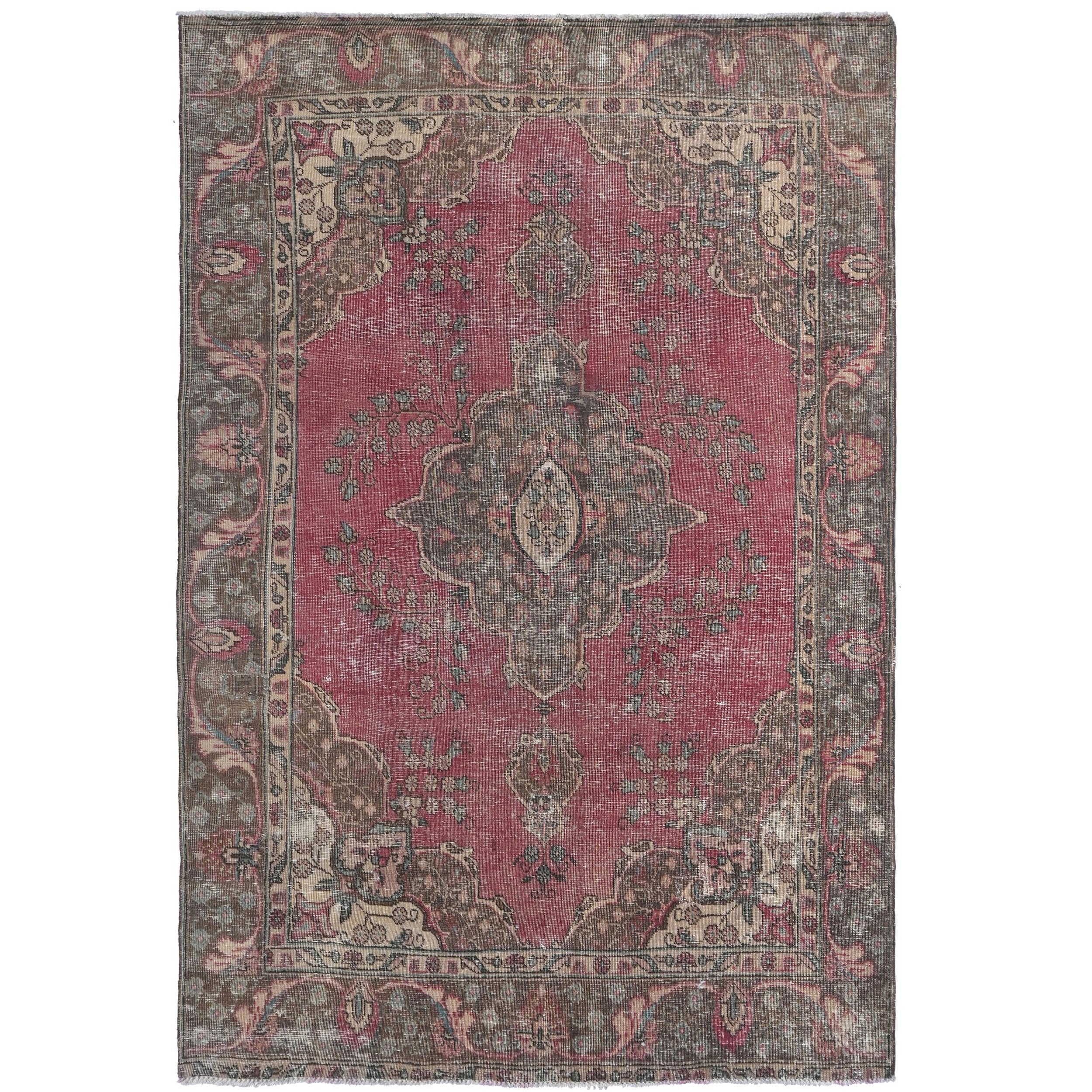 Knotari Heritage Collection vintage hand-knotted wool rug No. 97 with central medallion design in antique coral, charcoal, taupe, ivory, muted rose, size 6'2" x 9'4".