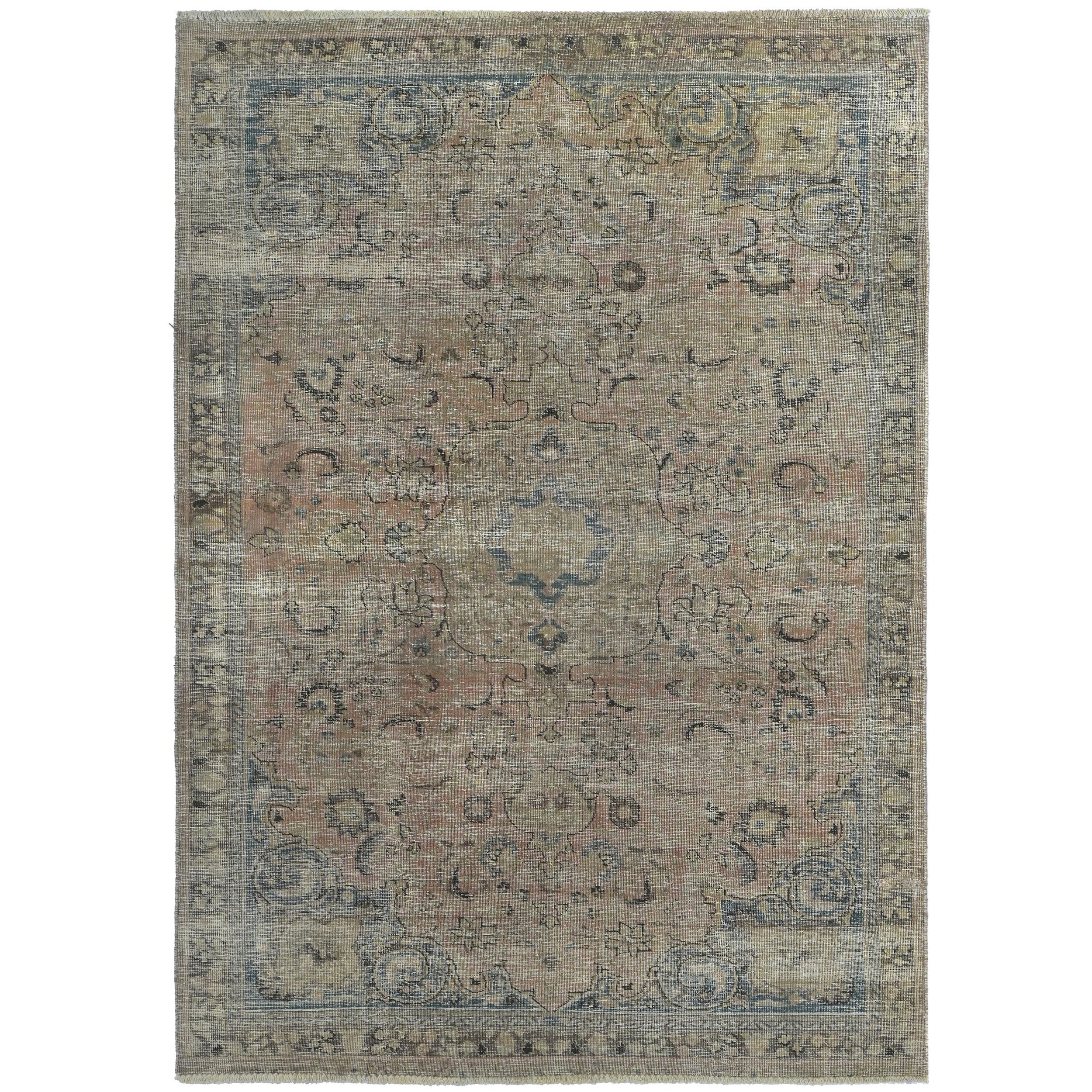 Knotari vintage hand-knotted rug No. A369 with washed floral medallion design in aged ivory, silver gray, taupe, soft beige, muted blue, size 5'0" x 7'11".
