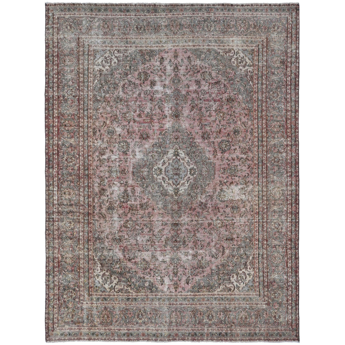 Knotari Heritage Collection vintage hand-knotted wool rug No. A101 with floral medallion design in dusty rose, slate gray, taupe, ivory, muted red, size 7'8" x 10'3".