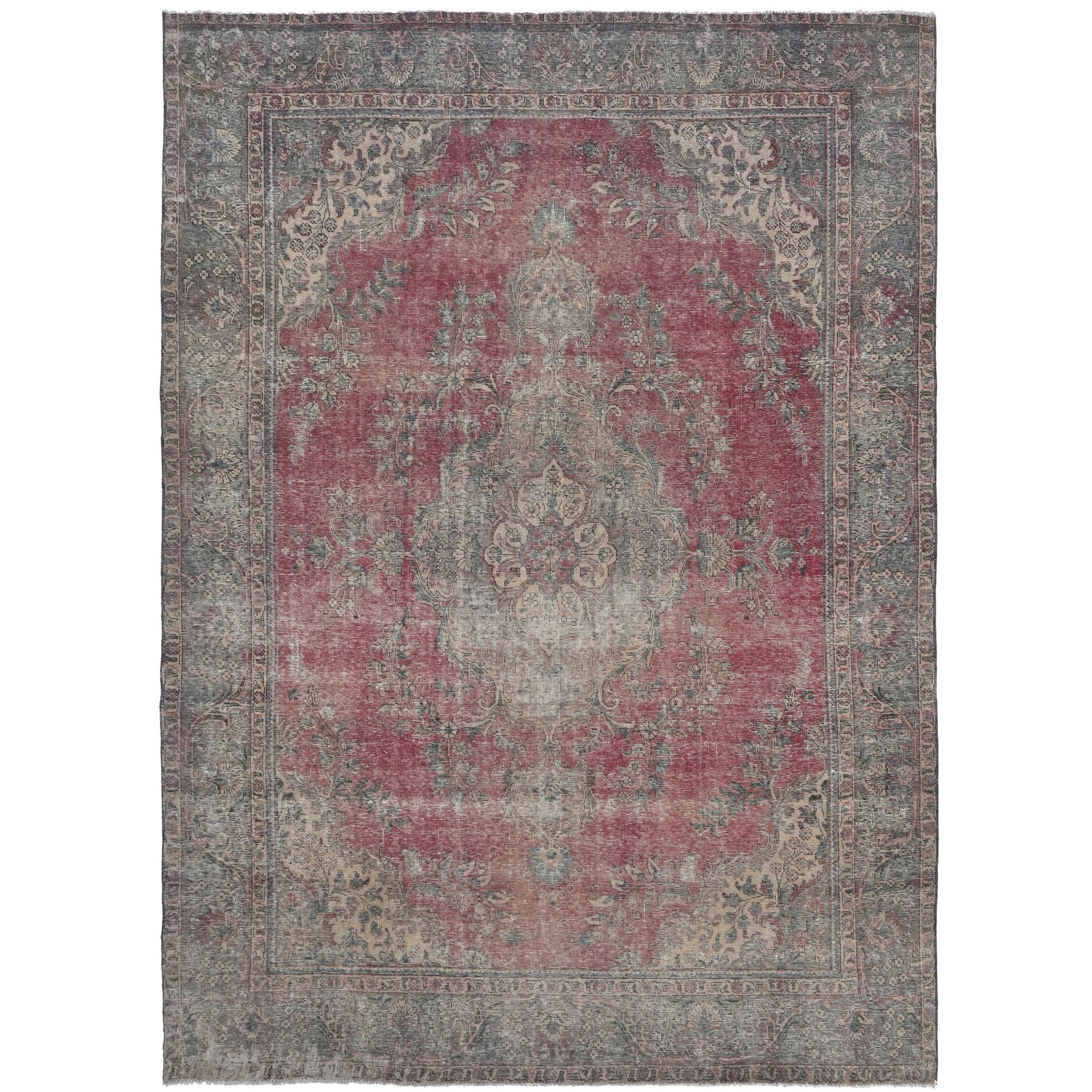 Knotari vintage hand-knotted rug No. A102 with faded floral medallion design in dusty rose, slate gray, aged ivory, muted blue, taupe, size 7'9" x 10'10".