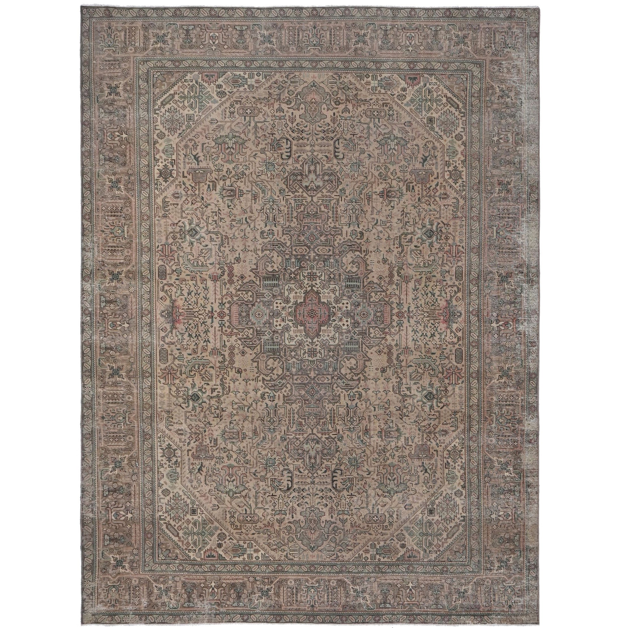 Knotari vintage hand-knotted rug No. A116 with heriz-inspired geometric medallion design in soft taupe, aged ivory, dusty rose, muted sage, charcoal, size 9'7" x 12'8"