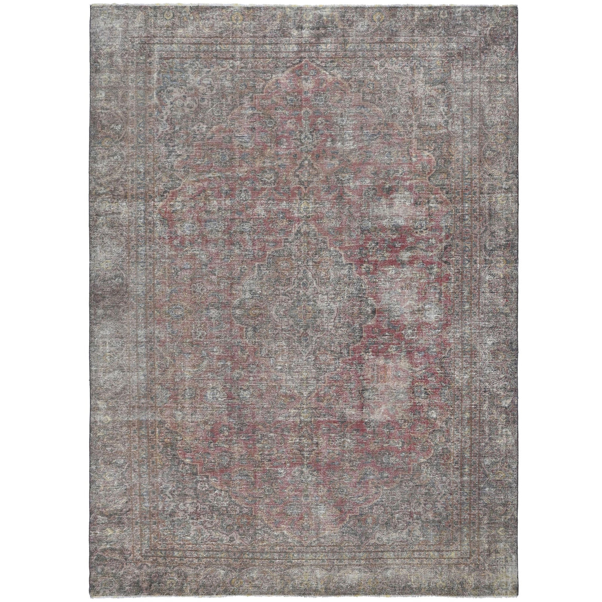 Knotari vintage hand-knotted rug No. A120 with washed floral medallion design in rosewood, charcoal, taupe, aged ivory, muted burgundy, size 8'7" x 11'10".