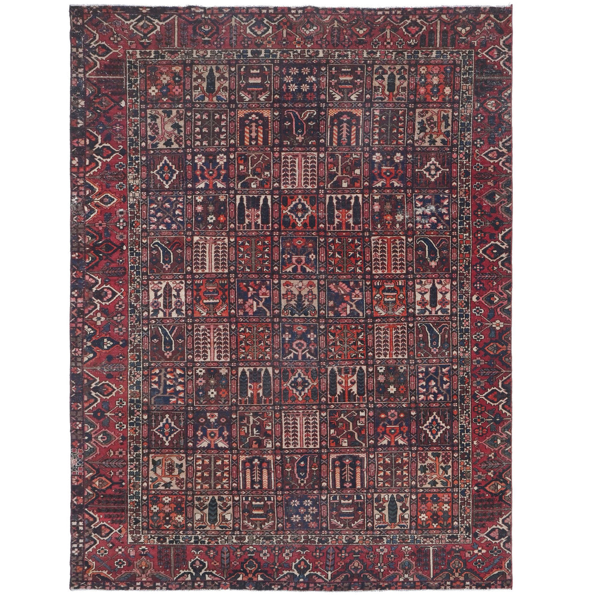 Knotari Heritage Collection vintage hand-knotted wool rug No. A123 with garden panel design in burgundy, navy, ivory, rust, charcoal, size 8'10" x 12'2".