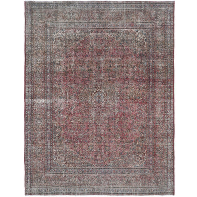 Knotari vintage hand-knotted rug No. A127 with layered floral medallion design in antique rose, charcoal, taupe, aged ivory, muted burgundy, size 9'7" x 12'7".