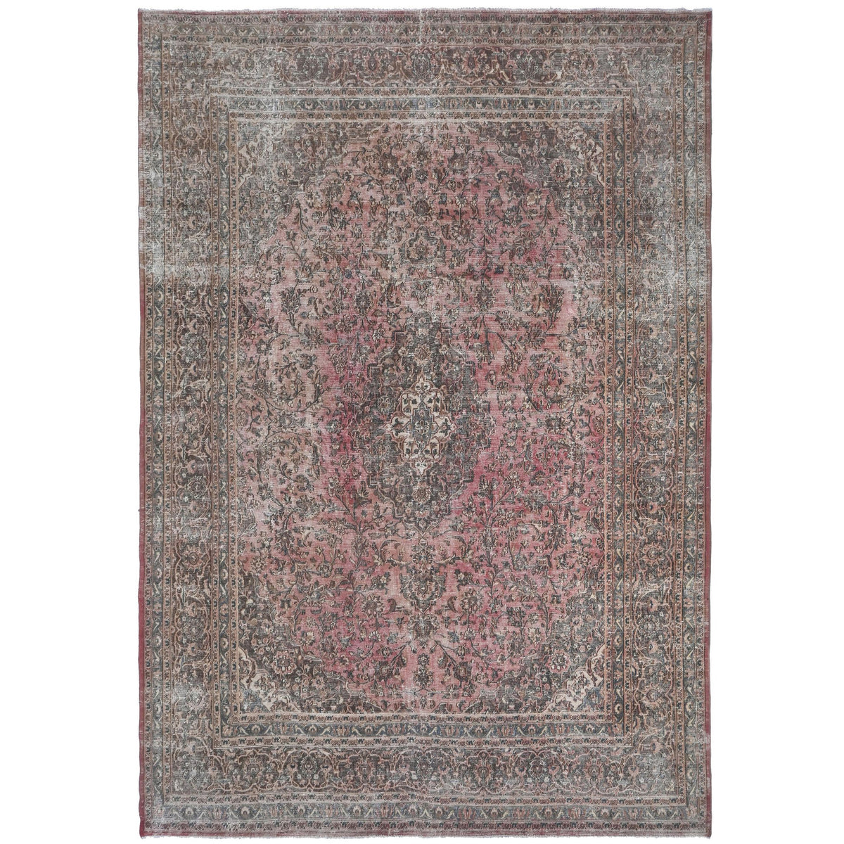 Knotari vintage hand-knotted wool rug No. A12 with dense floral medallion design in antique crimson, navy, ivory, rust, sage, size 9'8" x 12'6".