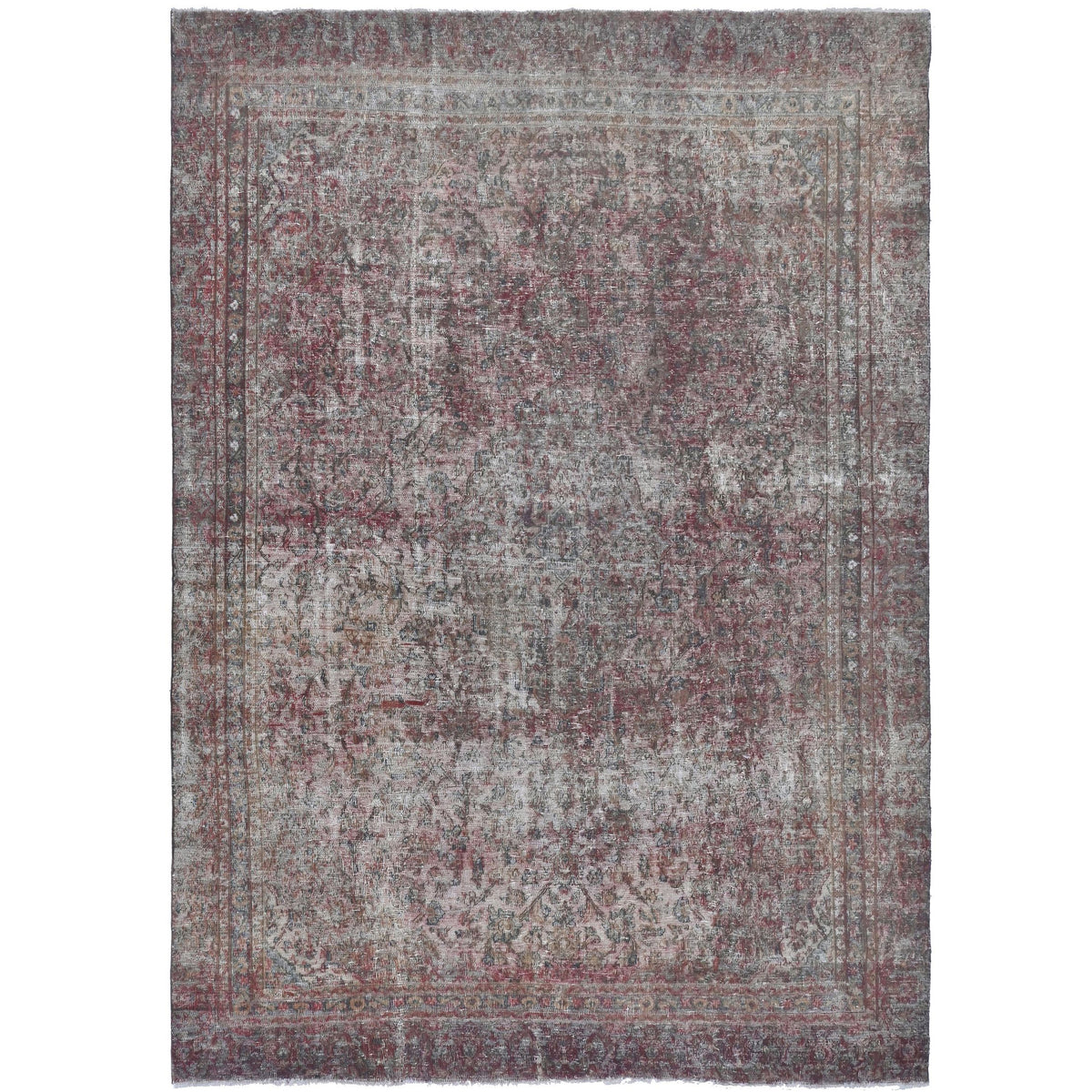 Knotari vintage hand-knotted rug No. A141 with washed all-over floral design in charcoal rose, silver gray, taupe, muted burgundy, aged ivory, size 7'1" x 11'6".
