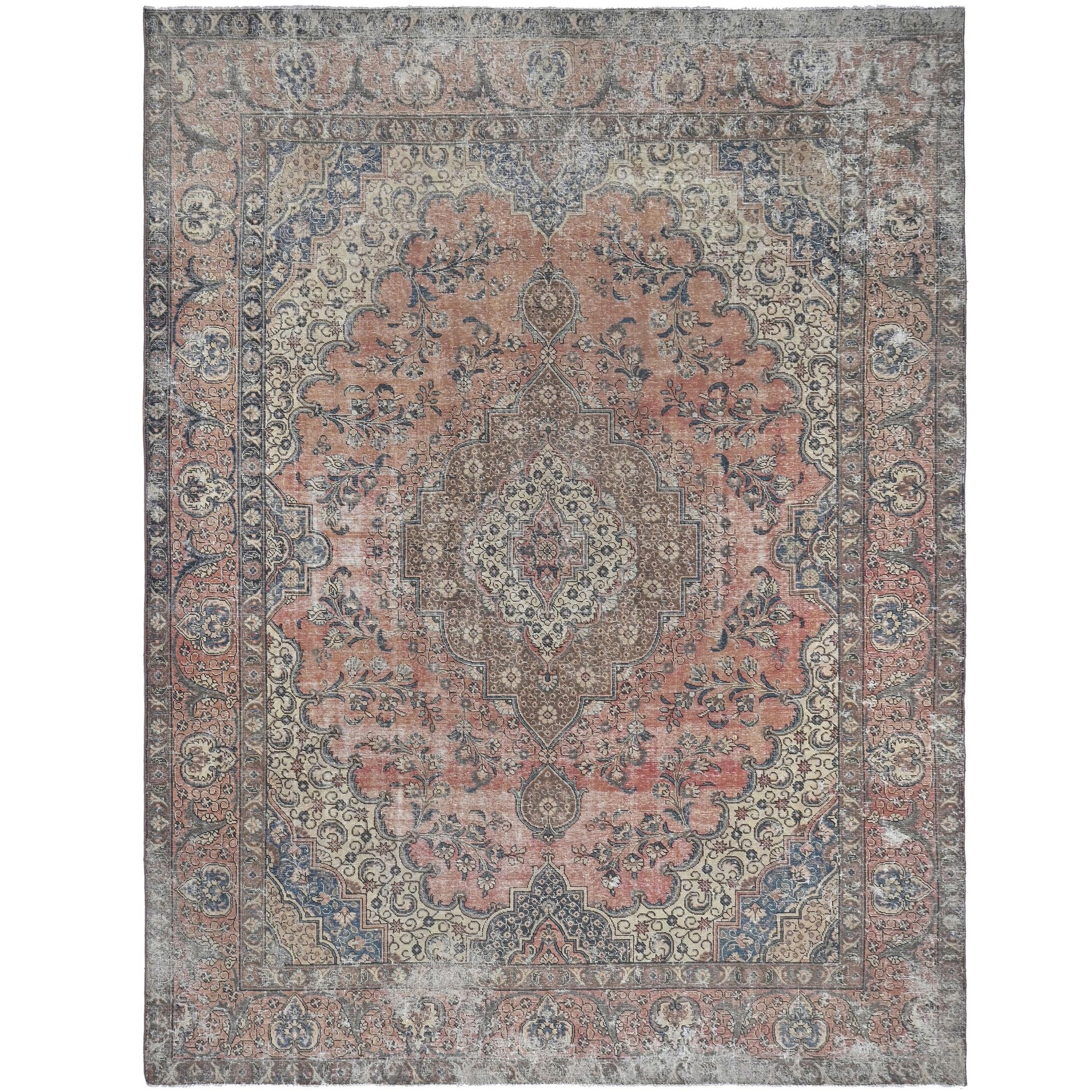 Knotari vintage hand-knotted rug No. A145 with scalloped floral medallion design in dusty peach, slate blue, walnut, aged ivory, taupe, size 9'5" x 12'7".