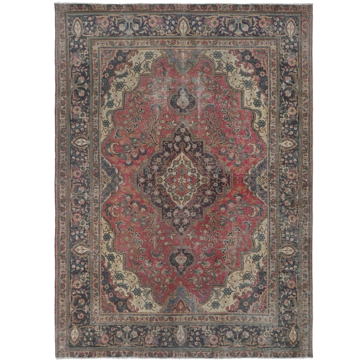 Knotari vintage hand-knotted rug No. A147 with crowned floral medallion design in antique crimson, espresso, aged ivory, slate blue, dusty rose, size 6'7" x 9'4".