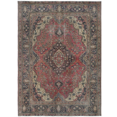 Knotari vintage hand-knotted rug No. A147 with crowned floral medallion design in antique crimson, espresso, aged ivory, slate blue, dusty rose, size 6'7" x 9'4".