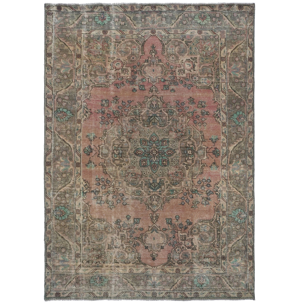 Knotari Heritage Collection vintage hand-knotted wool rug No. A151 with floral medallion design in blush pink, taupe, aqua, sand, charcoal, size 6'6" x 9'5".