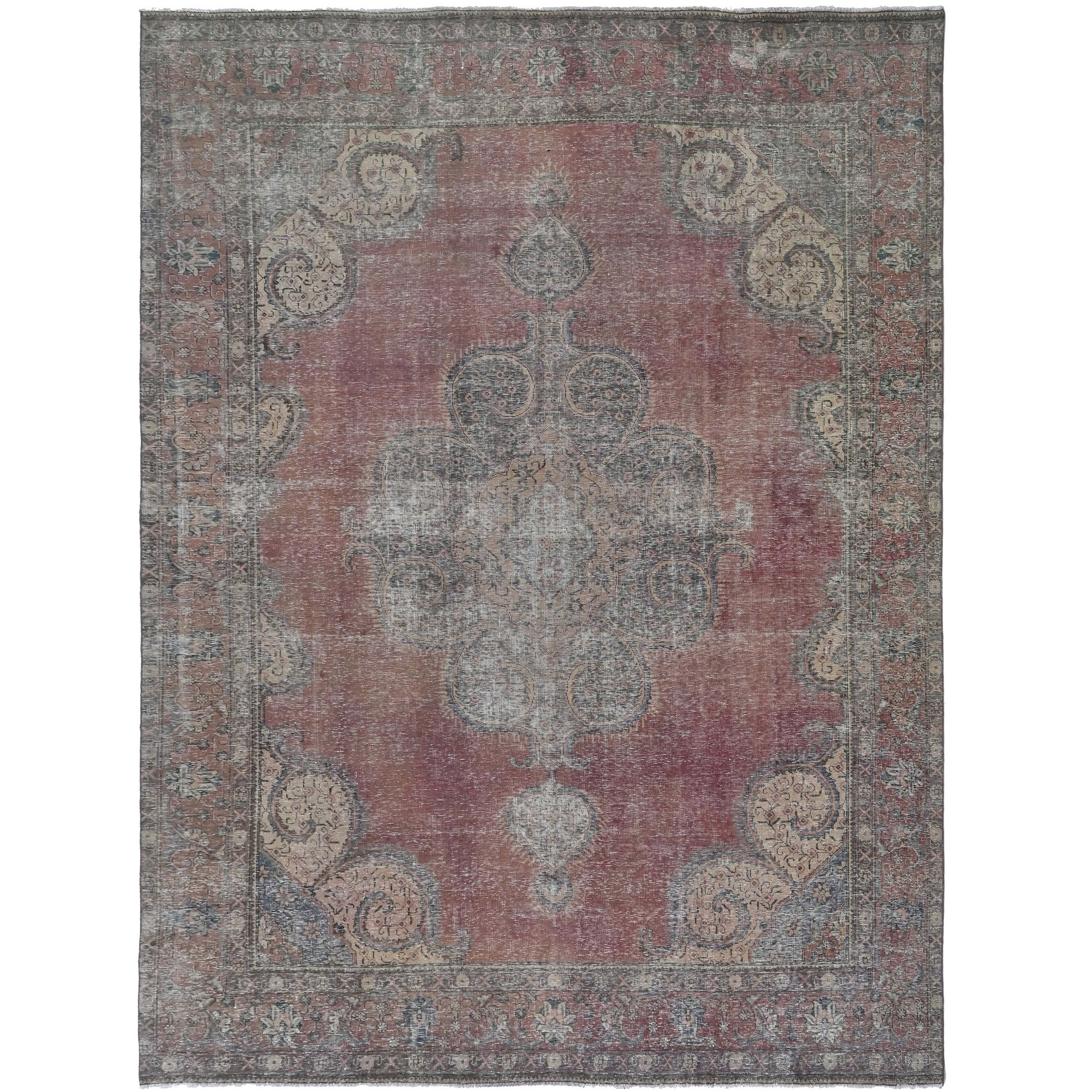 Knotari Heritage Collection vintage hand-knotted wool rug No. A155 with architectural medallion design in faded rose, slate blue, sand, taupe, and charcoal, size 9'3" x 12'5".