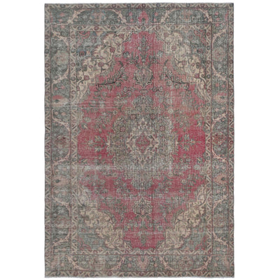 Knotari vintage hand-knotted rug No. A157 with floral medallion design in dusty rose, slate gray, aged ivory, muted teal, warm taupe, size 6'0" x 9'7"