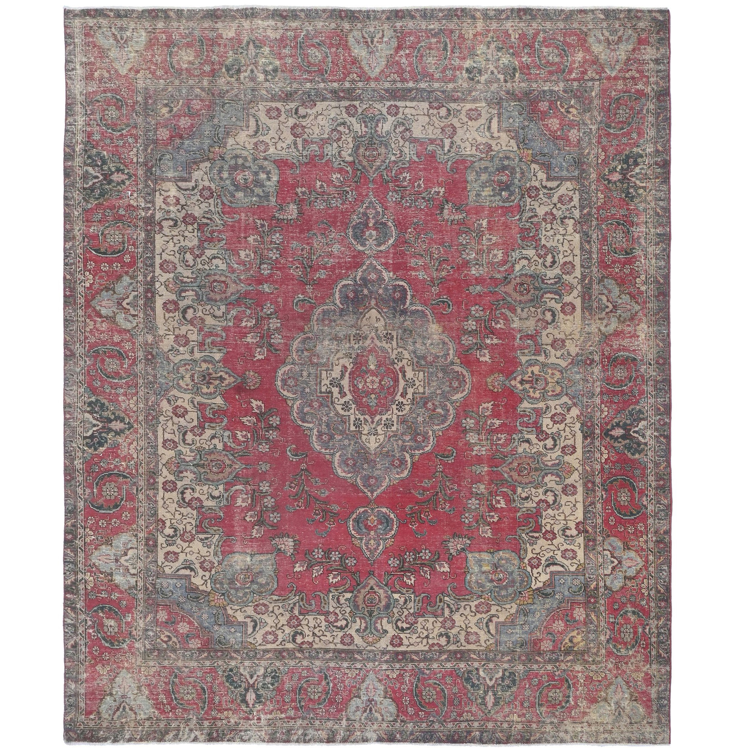 Knotari vintage hand-knotted rug No. A158 with ornate central medallion design in crimson red, slate blue, aged ivory, charcoal, dusty rose, size 9'6" x 11'6".
