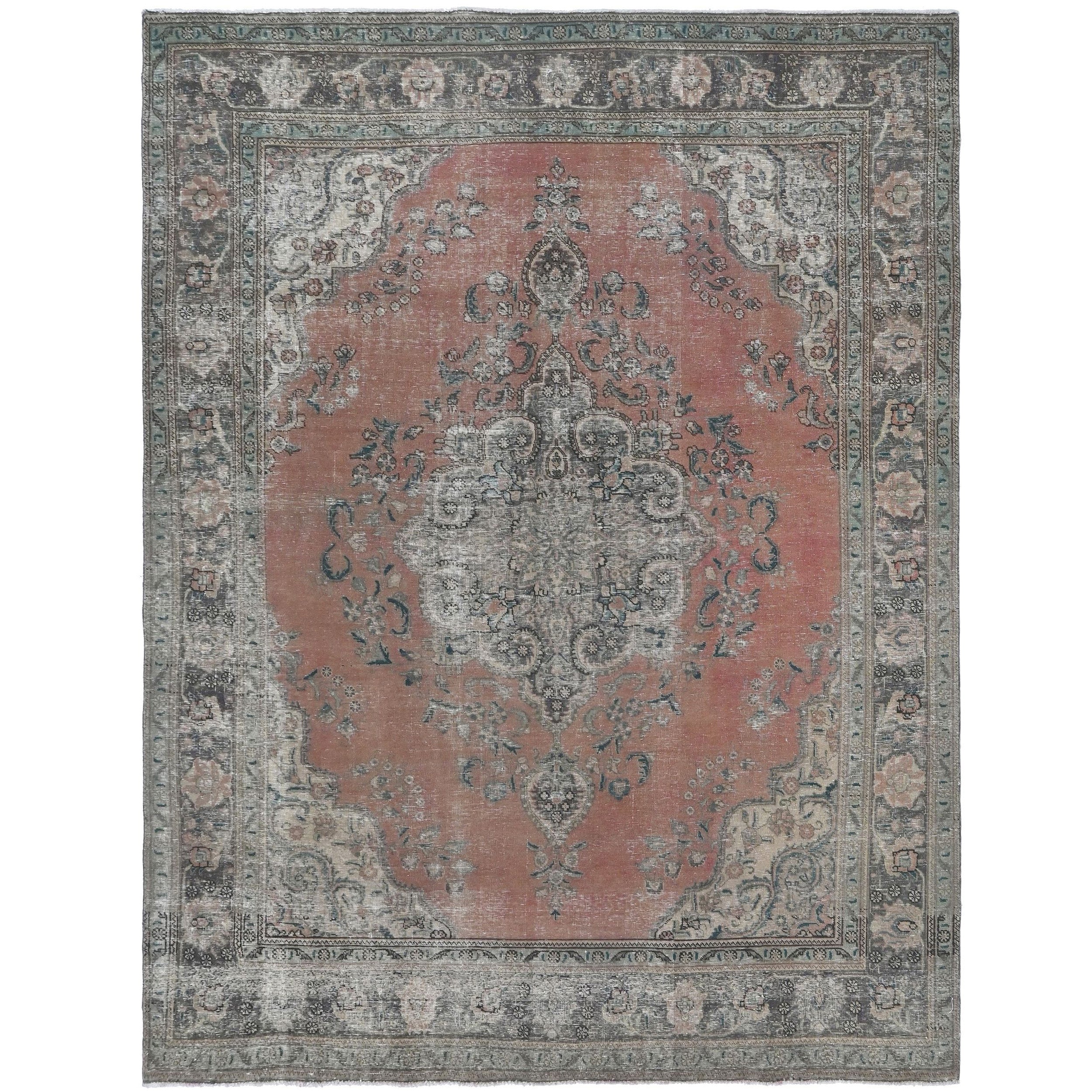 Knotari Heritage Collection vintage hand-knotted wool rug No. A162 with floral medallion design in salmon, slate gray, ivory, dusty blue, taupe, size 8'2" x 11'0".