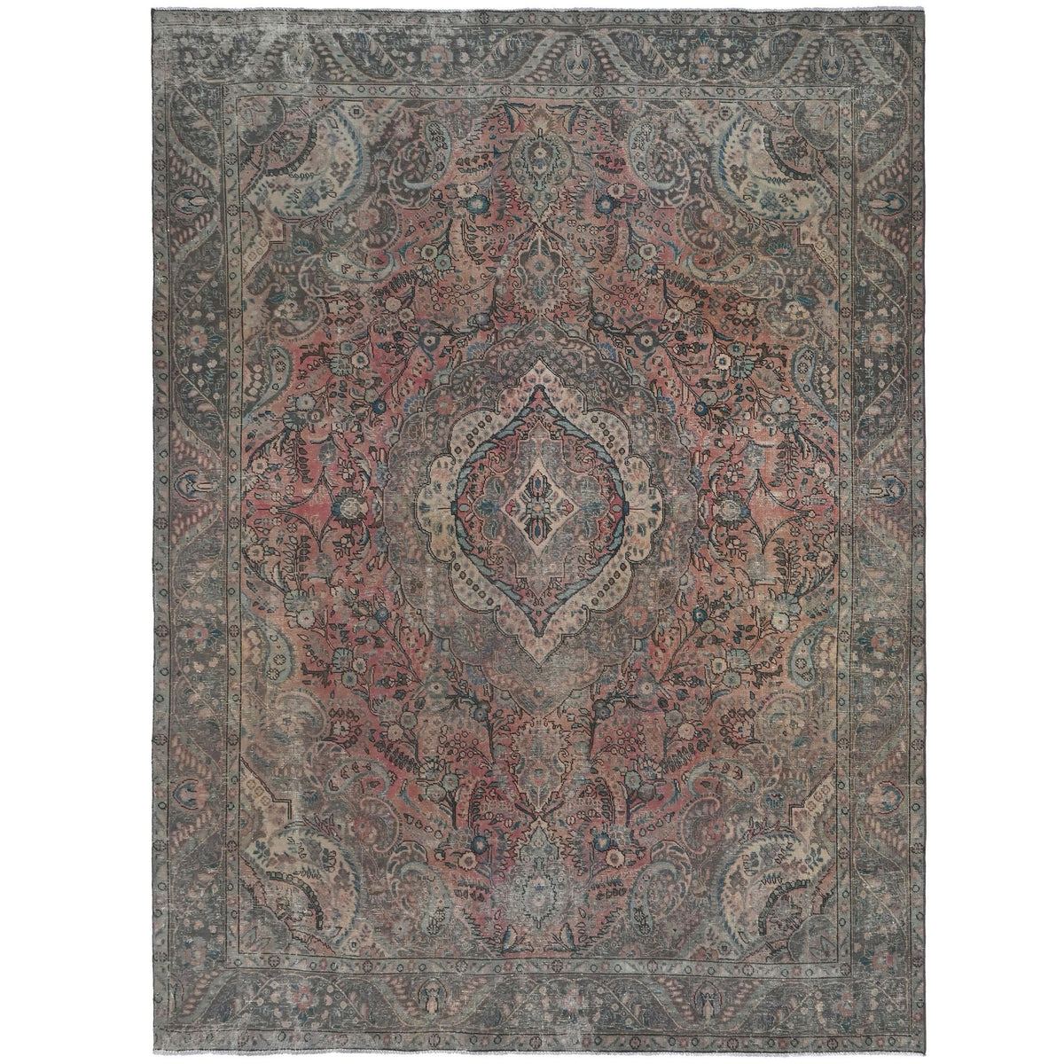 Knotari vintage hand-knotted rug No. A163 with paisley floral medallion design in muted coral, charcoal, aged ivory, teal, taupe, size 9'4" x 12'5".